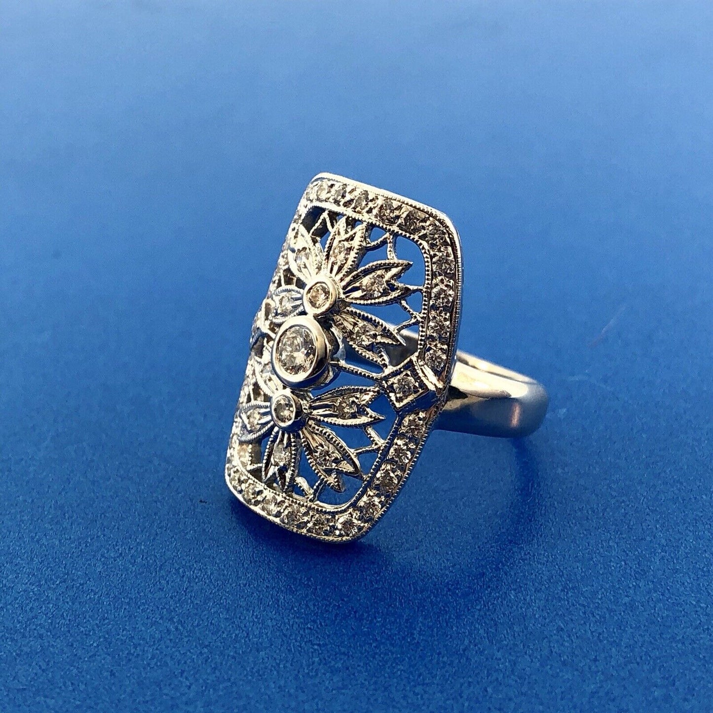 Vintage 18K White Gold Diamond Floral Filigree Statement Finger Ring