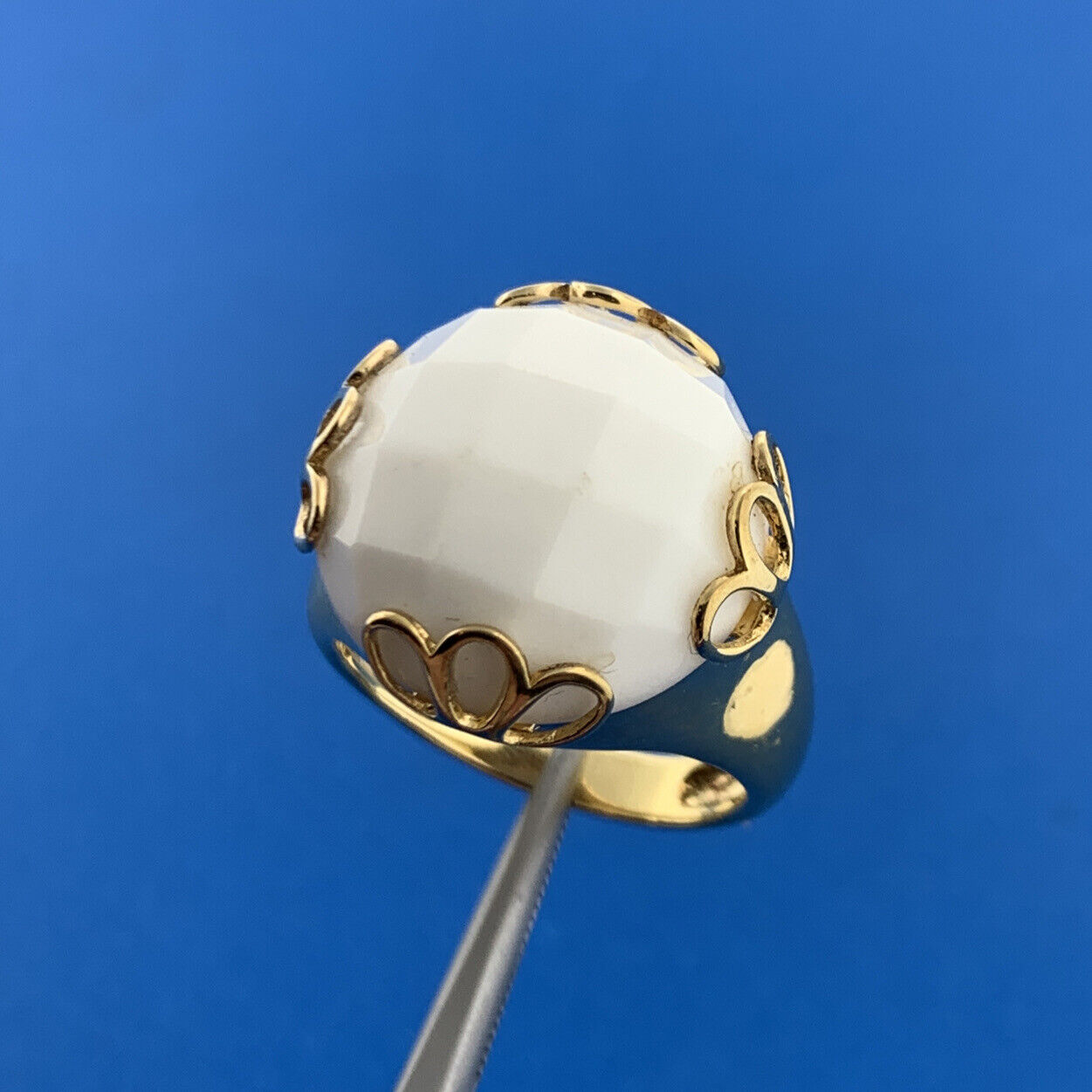 Italy Gold Toned Sterling Silver 925 Faceted White Scolecite Statement Dome Ring