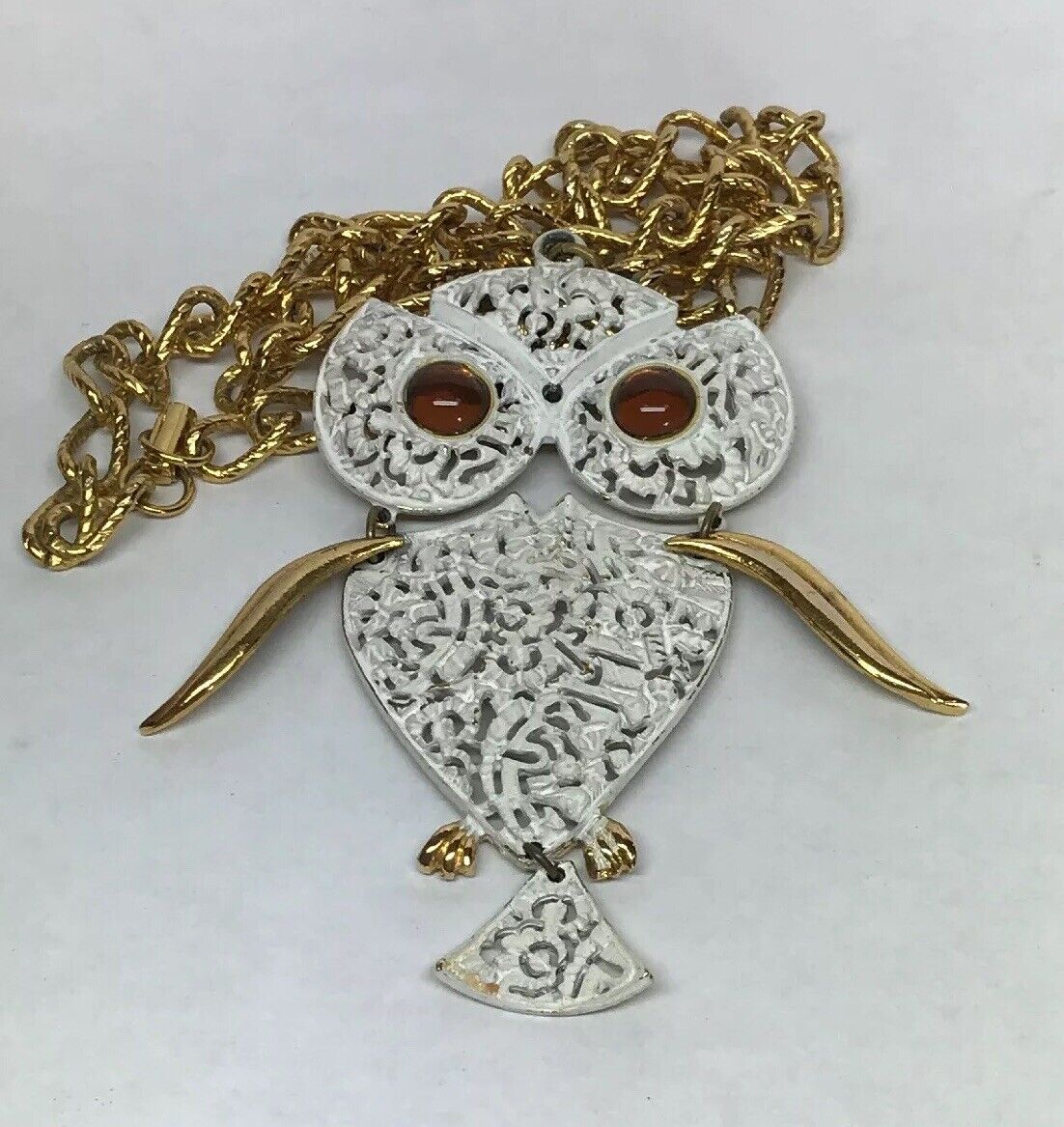 Park Lane Amber Eyes White Enamel Filigree 3D Owl Gold Tone Statement Necklace
