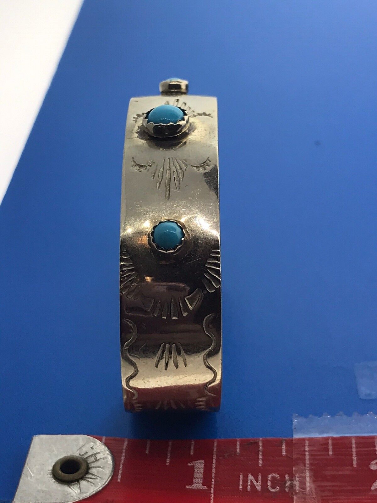 Vintage Childs Silver Tone Faux Turquoise Storyteller Etched Cuff Bracelet