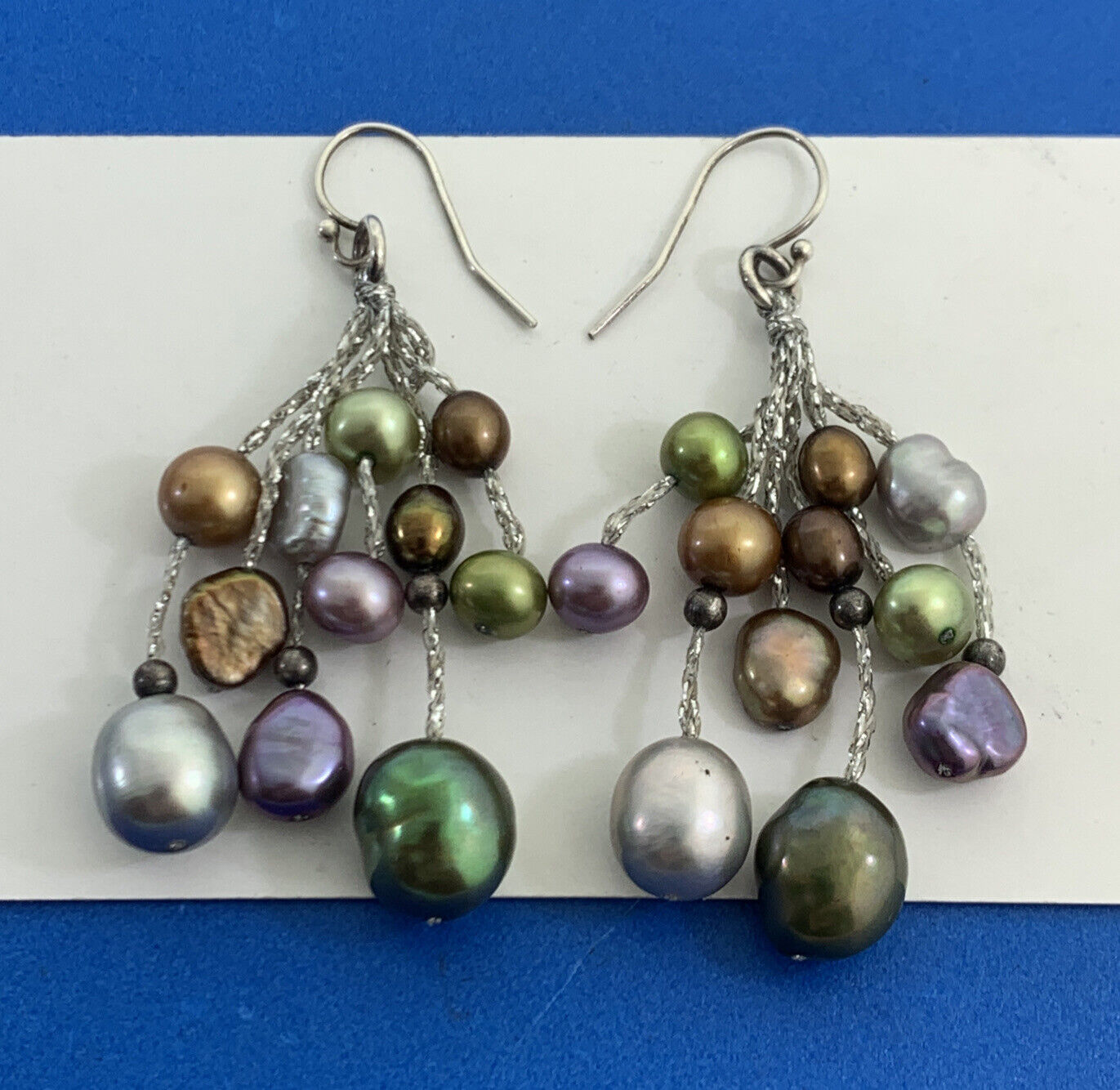 Estate 925 Sterling Silver Green Purple Gold Silver Pearl Hook Dangle Earrings