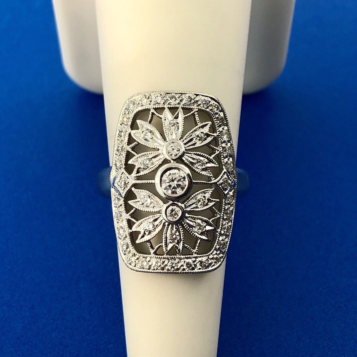 Vintage 18K White Gold Diamond Floral Filigree Statement Finger Ring