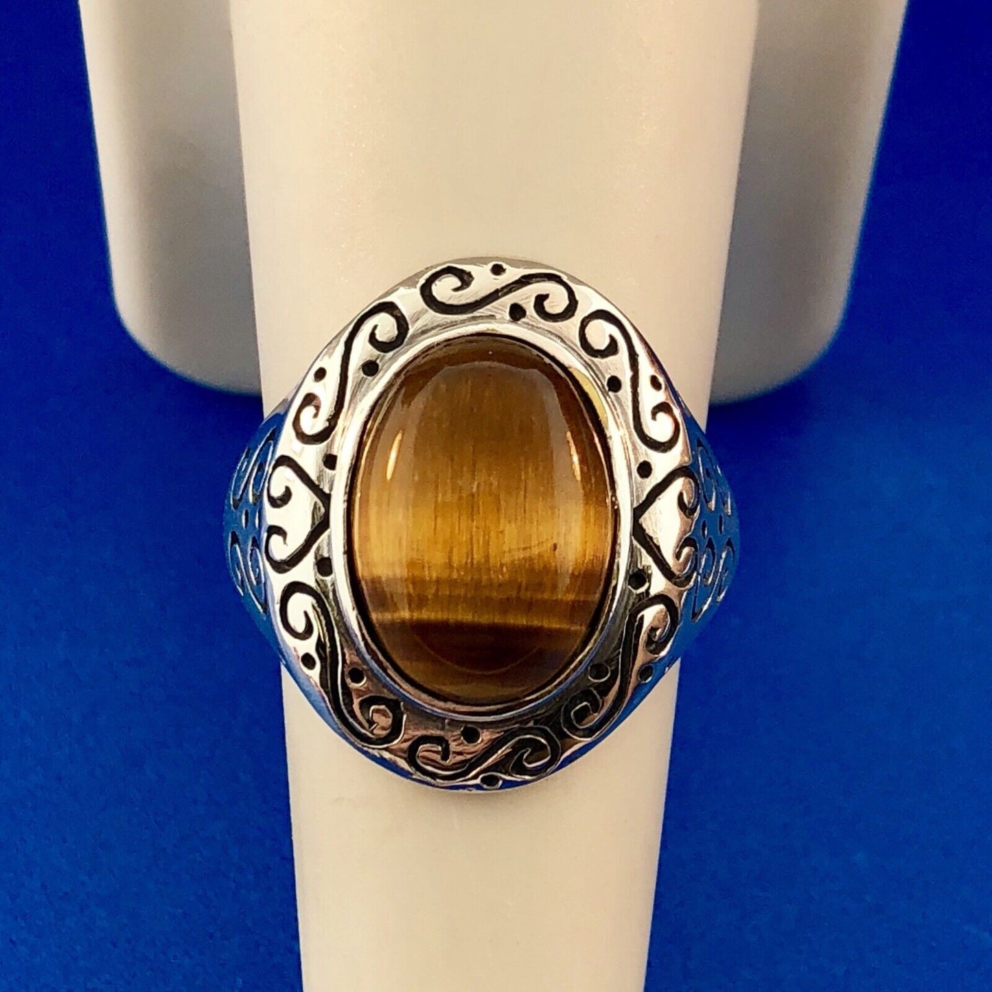 Designer 925 Sterling Silver Tiger Eye Cabochon Heart Scroll Concho Style Ring