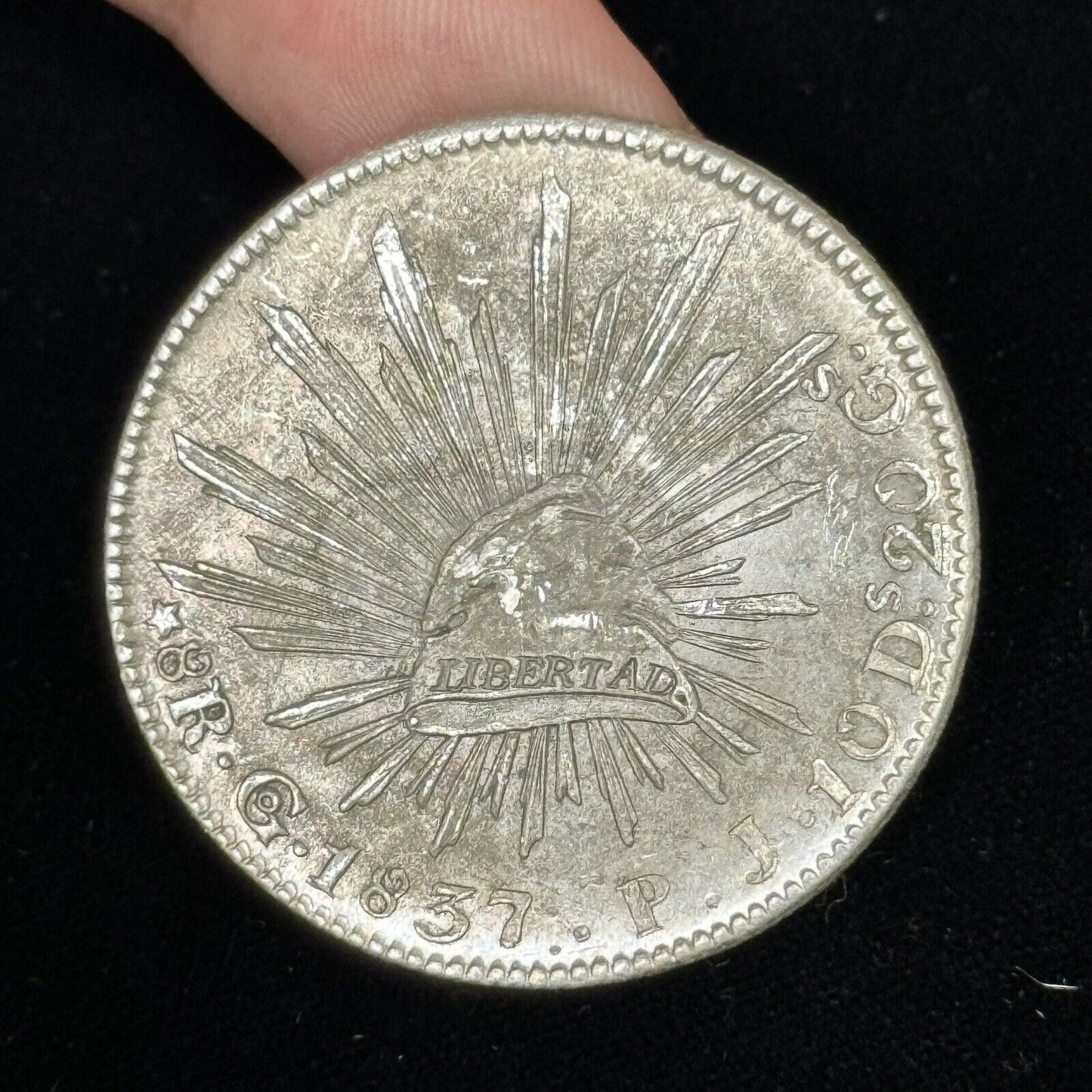 1837 Go Guanajuato Mexico 8 Reales P.J. Cap & Rays Libertad .903 Silver Coin