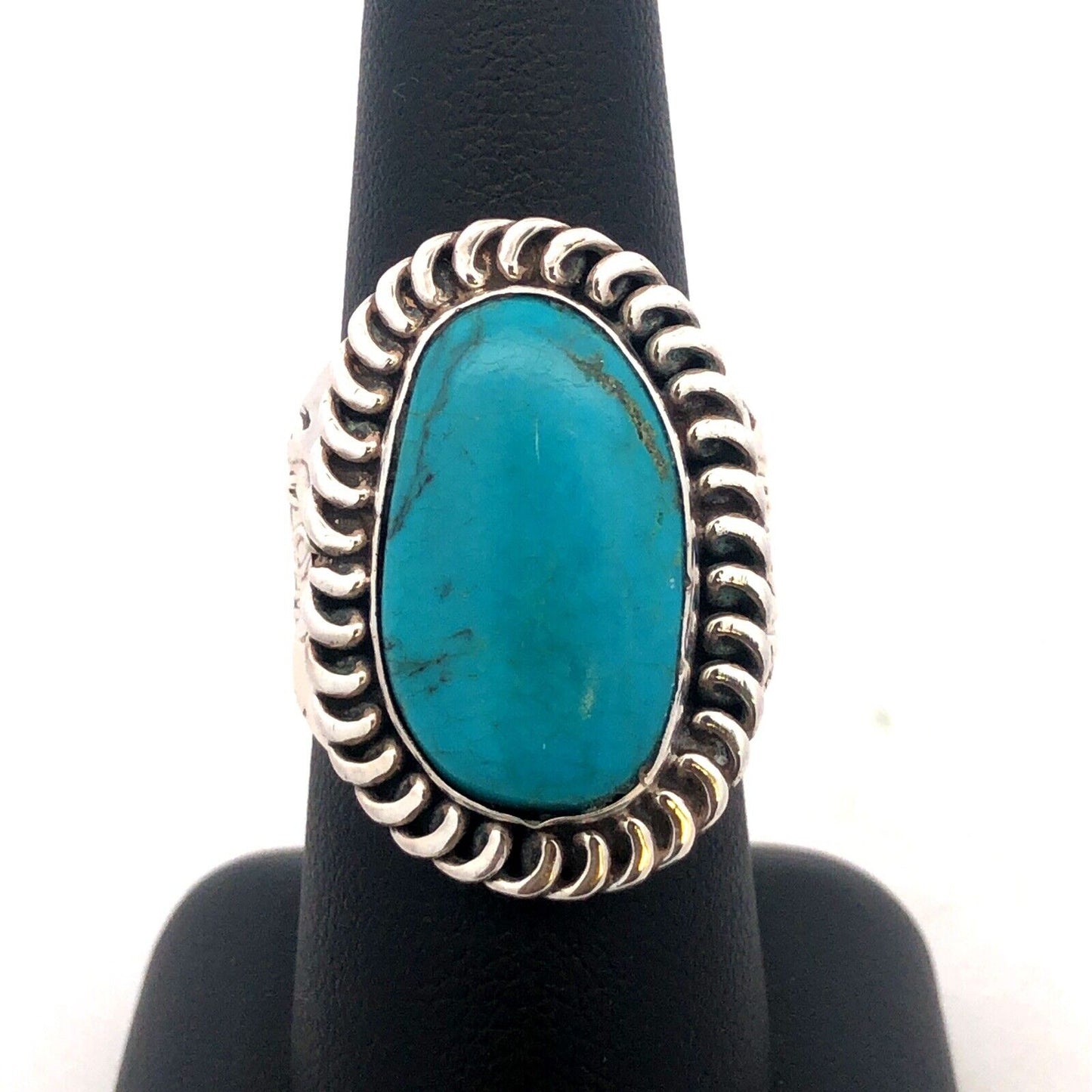 Native American Concho 925 Sterling Silver Oval Turquoise Storyteller Ring