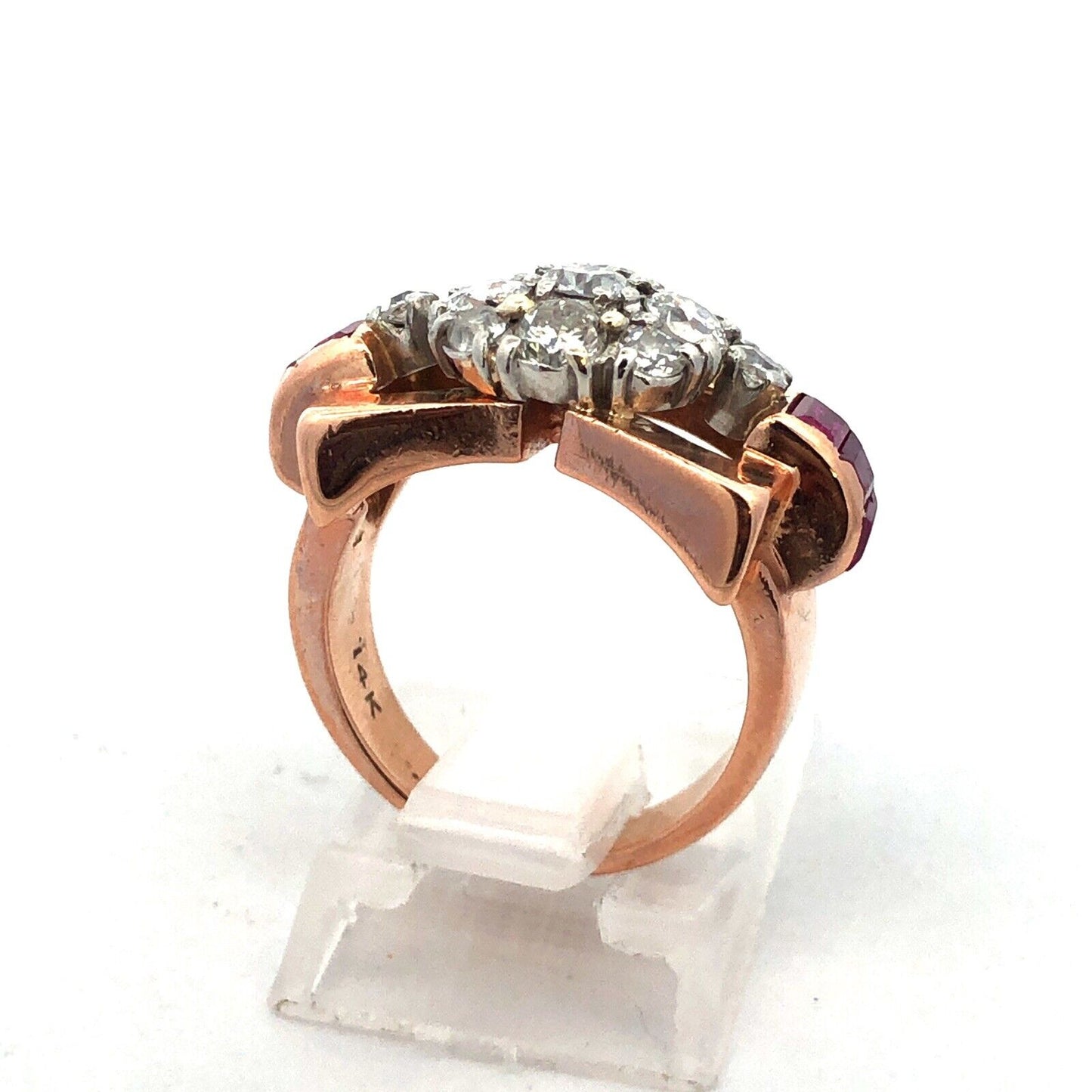 Unusual 14K Rose Gold Diamond Floral Cluster Ruby Baguette Accent Cocktail Ring