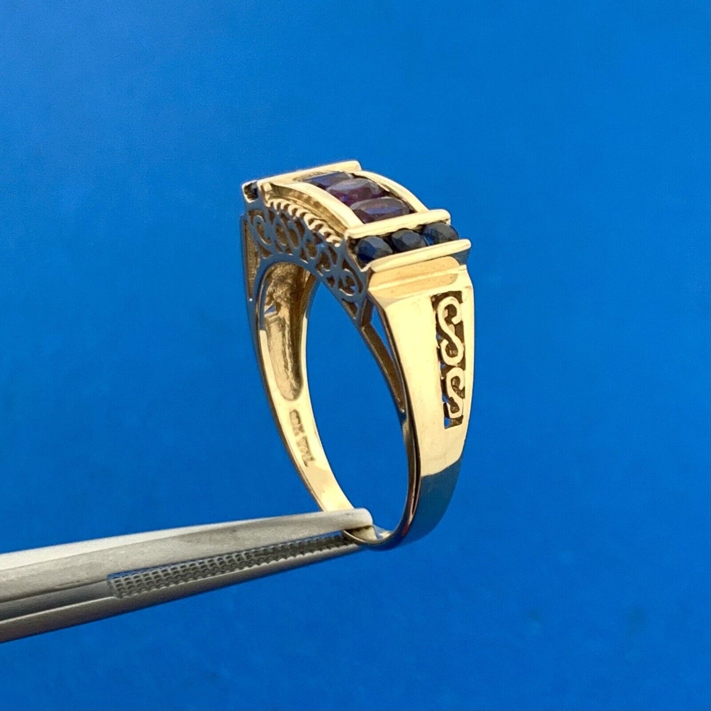 Designer THL 10K Yellow Gold Amethyst Sapphire Accented Bar Dome Ring