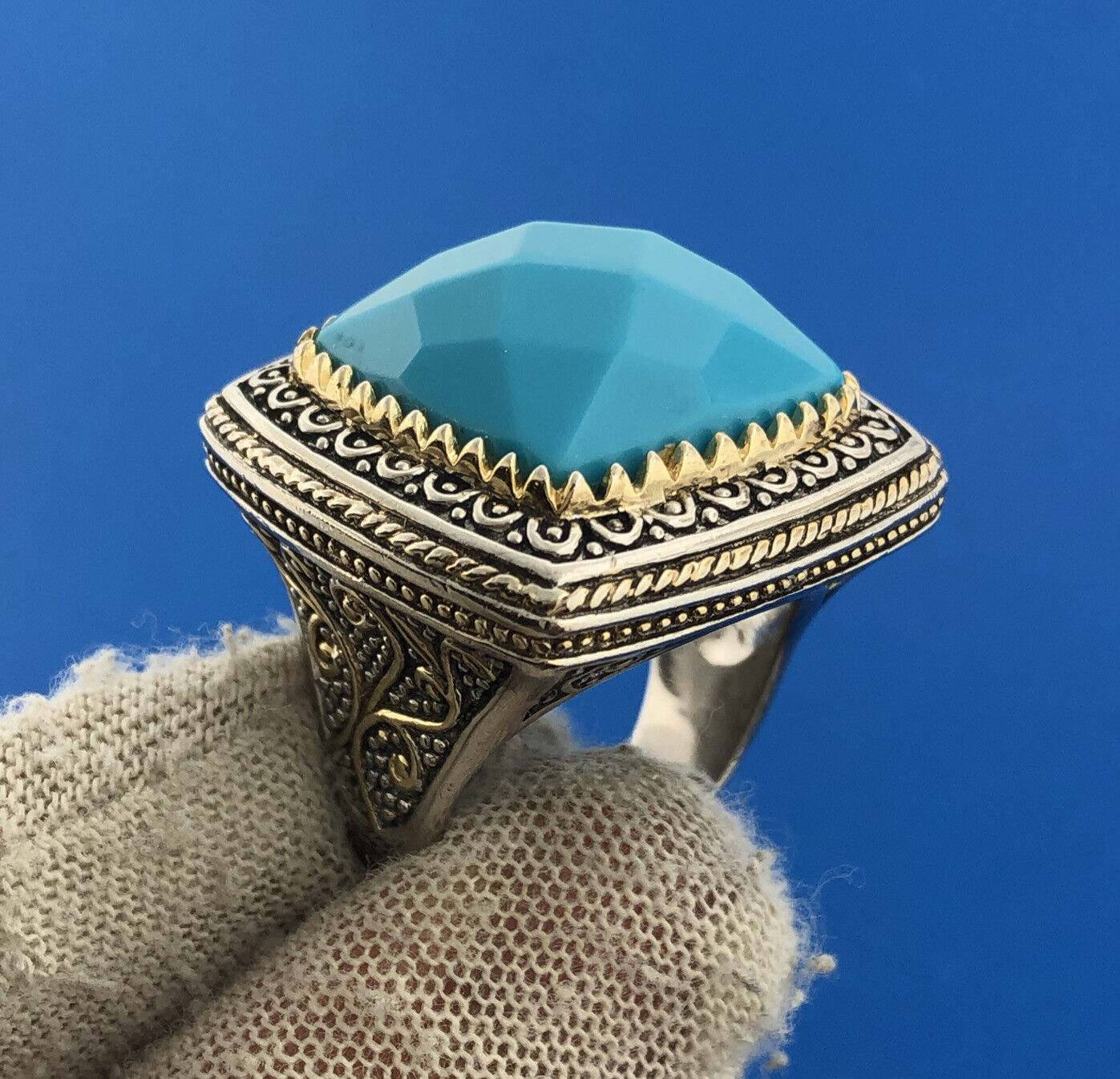 Designer PK Sterling Silver Two Toned Faux Turquoise Scroll Statement Dome Ring