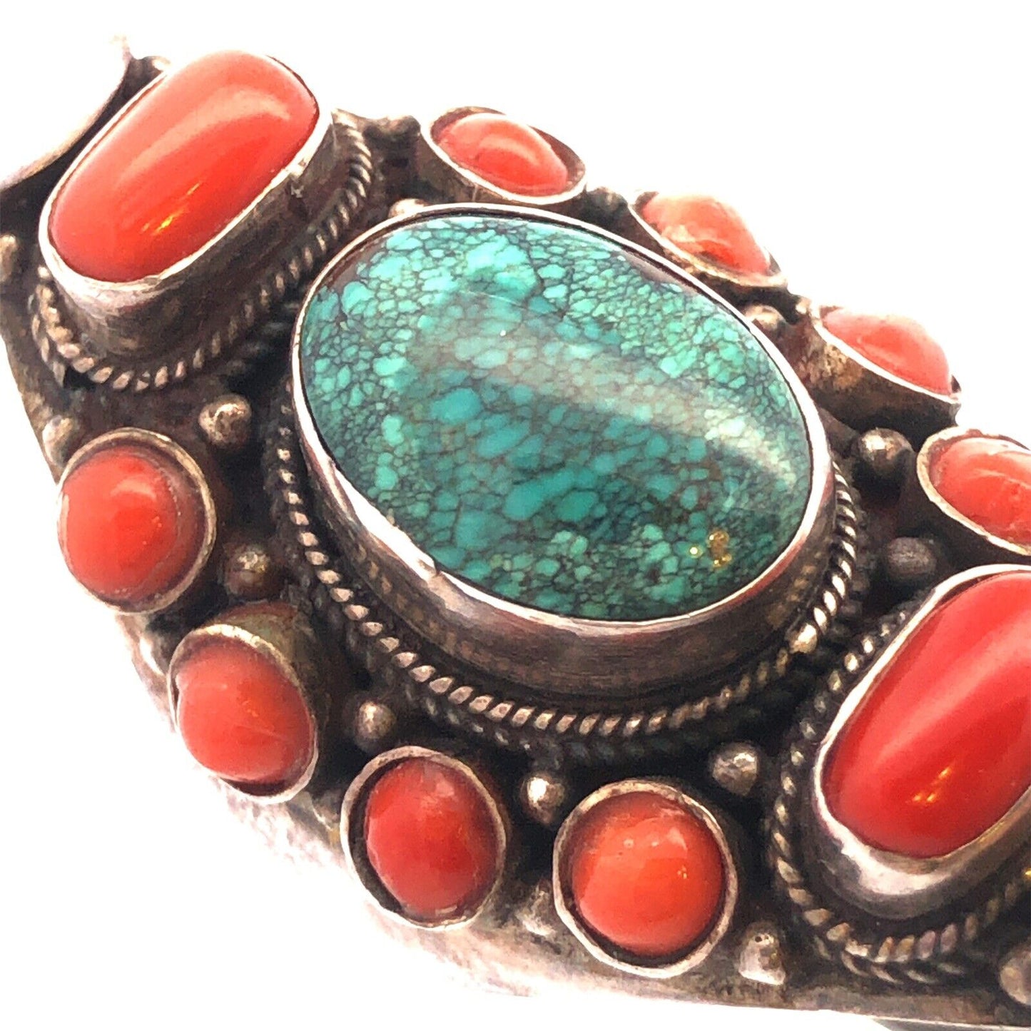 Old Pawn Unsigned 925 Sterling Silver Turquoise Coral Statement Finger Ring