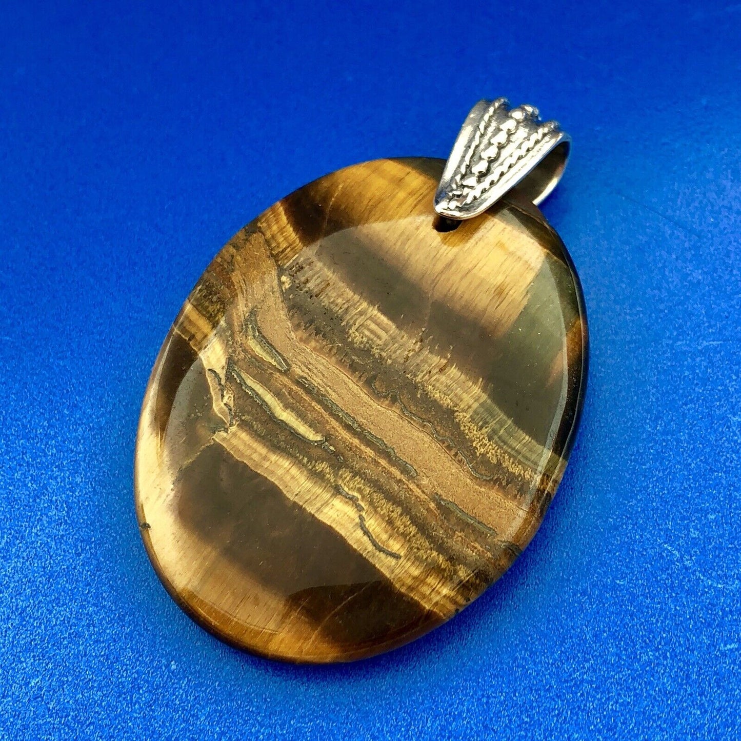 Retro 925 Sterling Silver Tiger Eye Worry Stone Chakra Statement Pendant