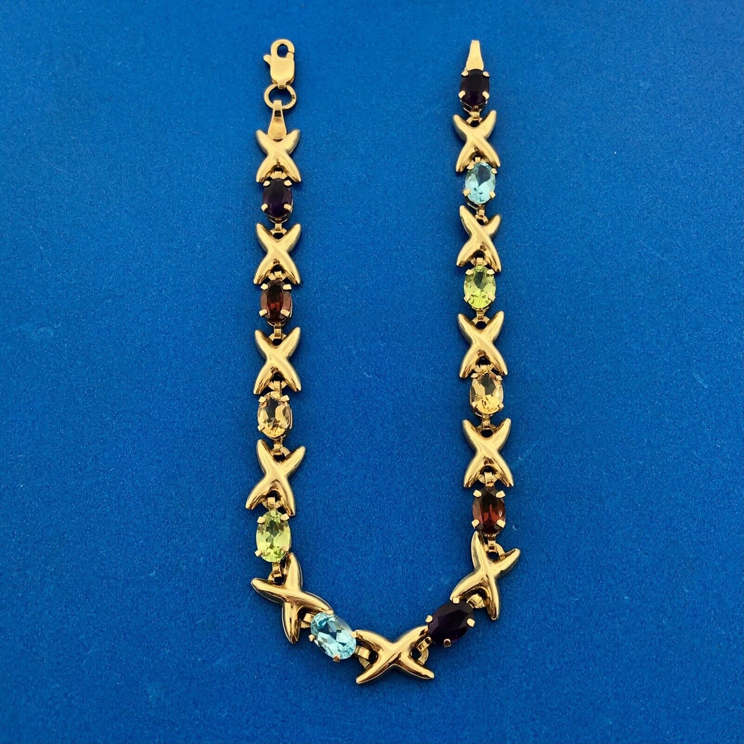 Fabulous Designer 10K Yellow Gold Colorful Multi Gemstone X & O Tennis Bracelet