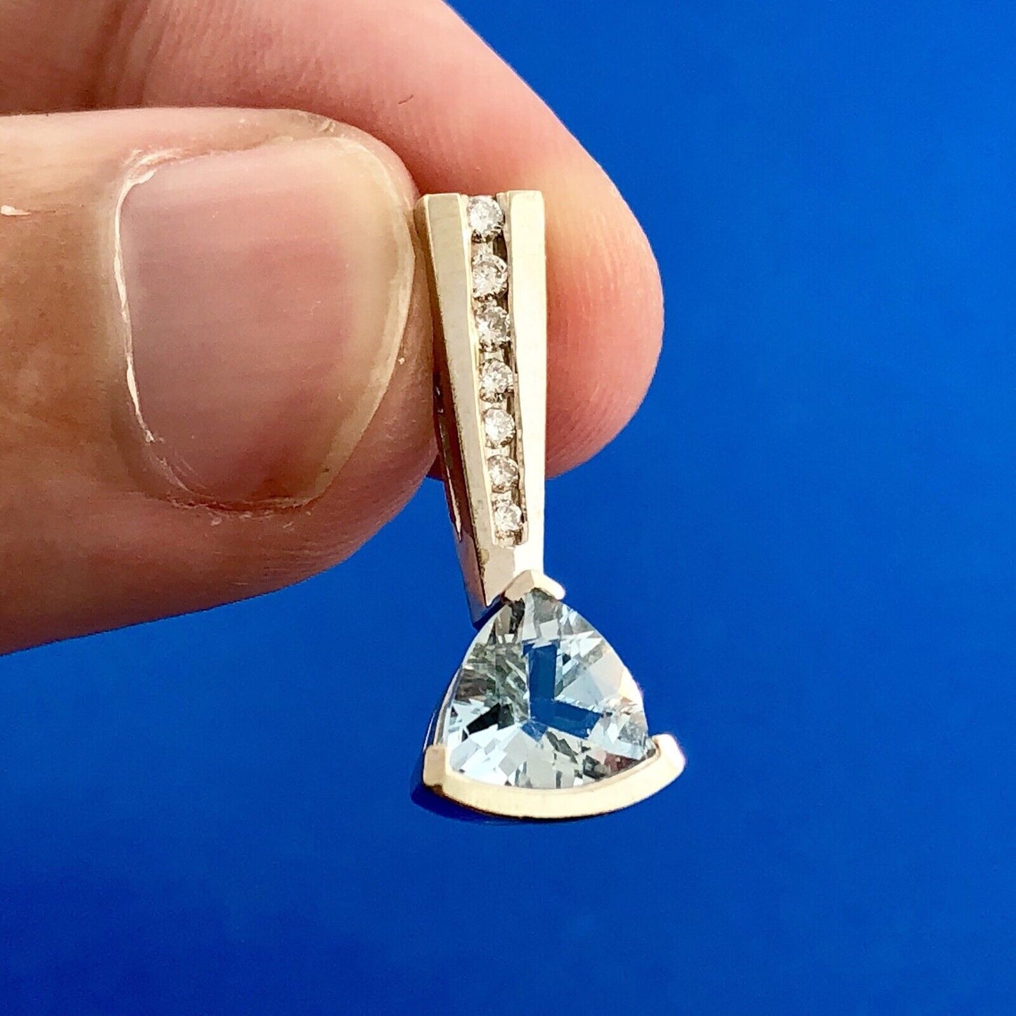 Designer MA 14K White Gold Trillion Cut Swiss Blue Topaz Diamond Accent Pendant