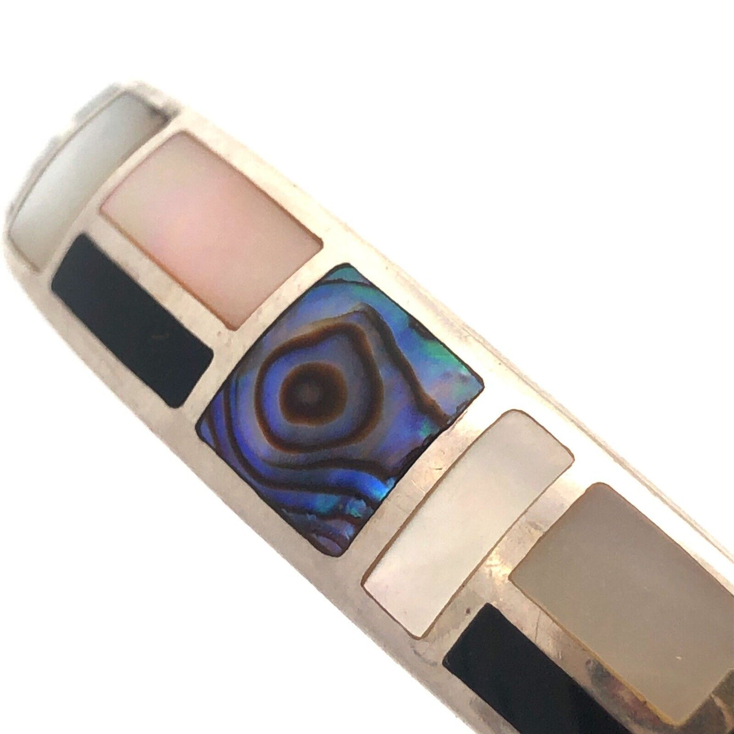 Designer Sterling Silver Abalone Mother Of Pearl Onyx Inlay Open Cuff Bracelet