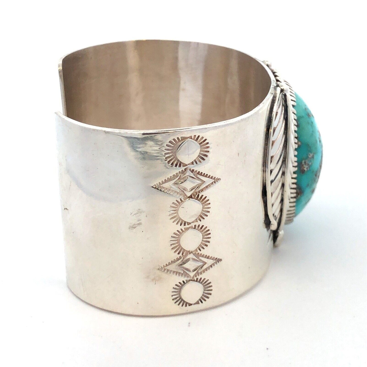 Native American Marian Nez 925 Sterling Silver Oval Turquoise Wide Cuff Bracelet
