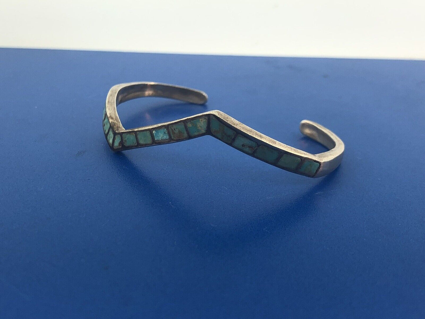 Vintage Native American 925 Sterling Silver Turquoise Modernist Cuff Bracelet