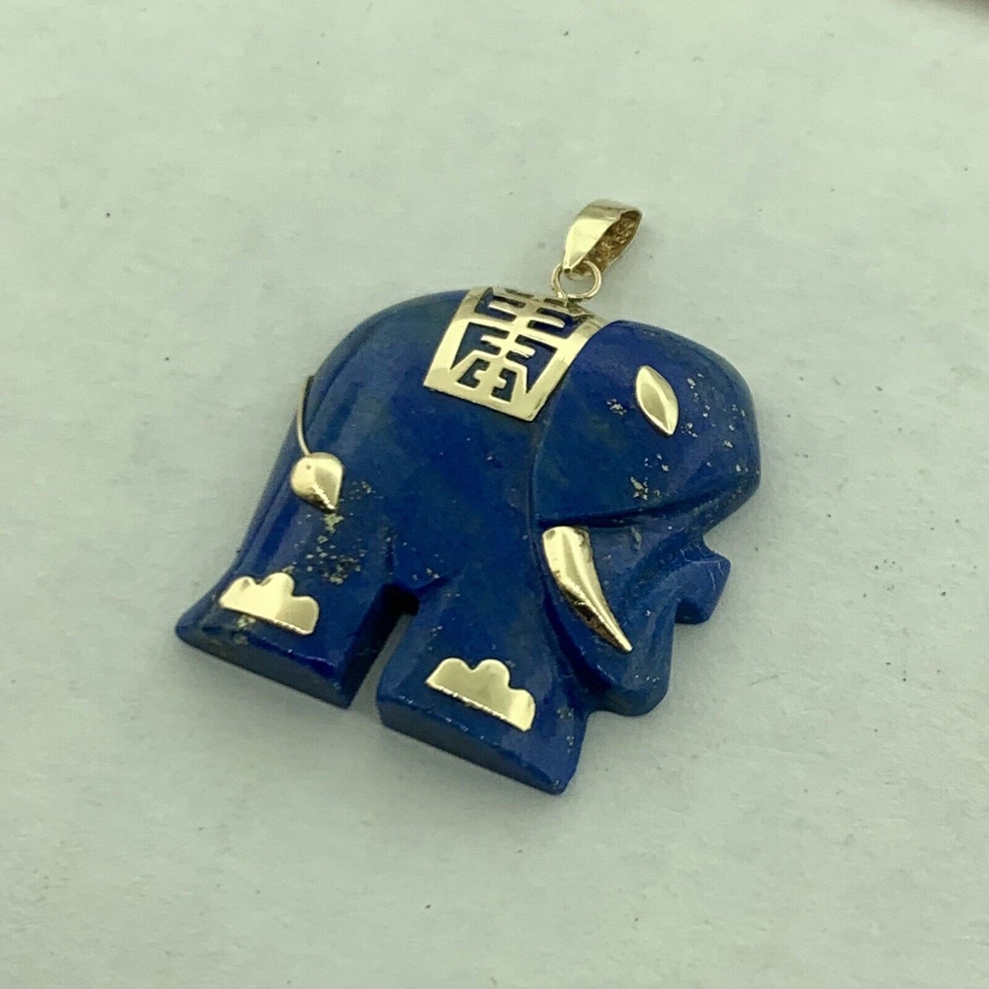 Designer 14K Yellow Gold Lapis Lazuli Chinese Character Elephant Pendant