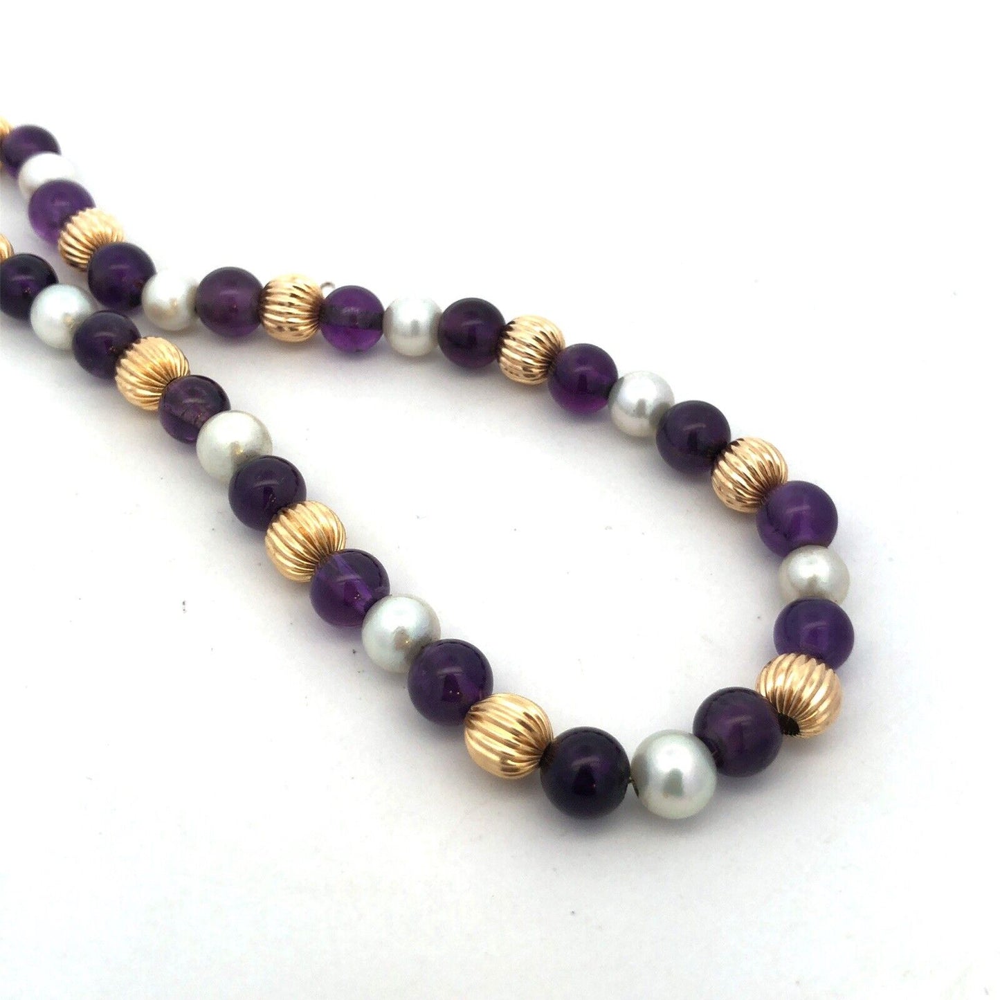 Estate 14K Yellow Gold Round White Pearl Purple Amethyst Beaded Necklace