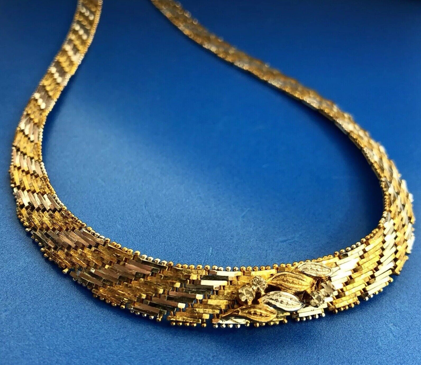 Sterling Silver 925 Diamond Two Tone Textured Weave Link V Necklace