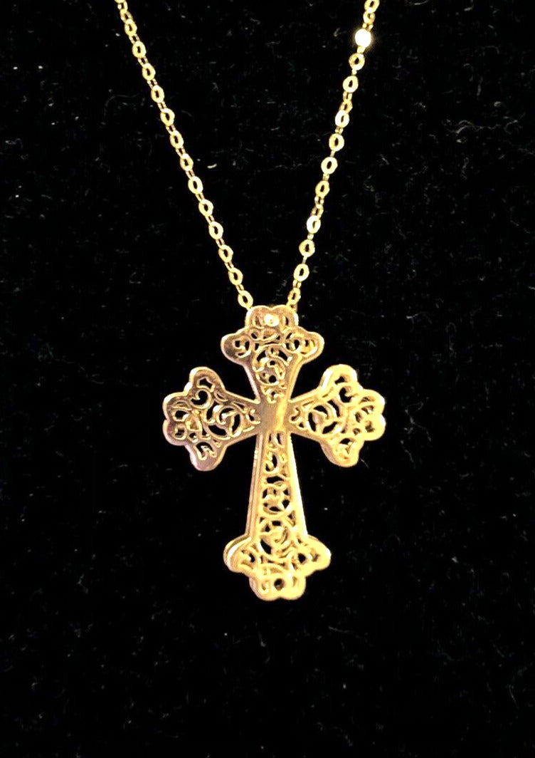 Estate Italy 14K Yellow Gold Open Work Scroll Cross Pendant Necklace