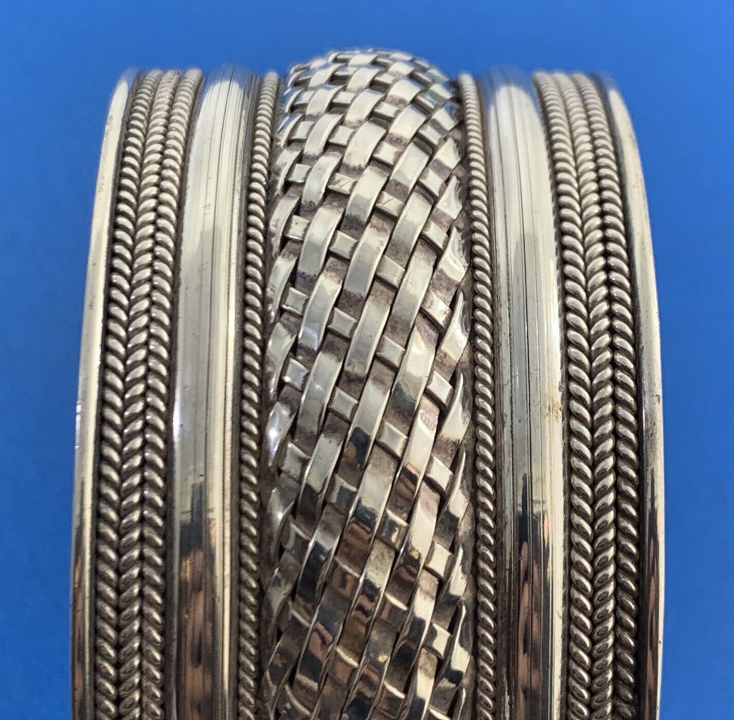 Sterling Silver 925 Basket Weave Ribbed Polished Wide Statement Cuff Bracelet