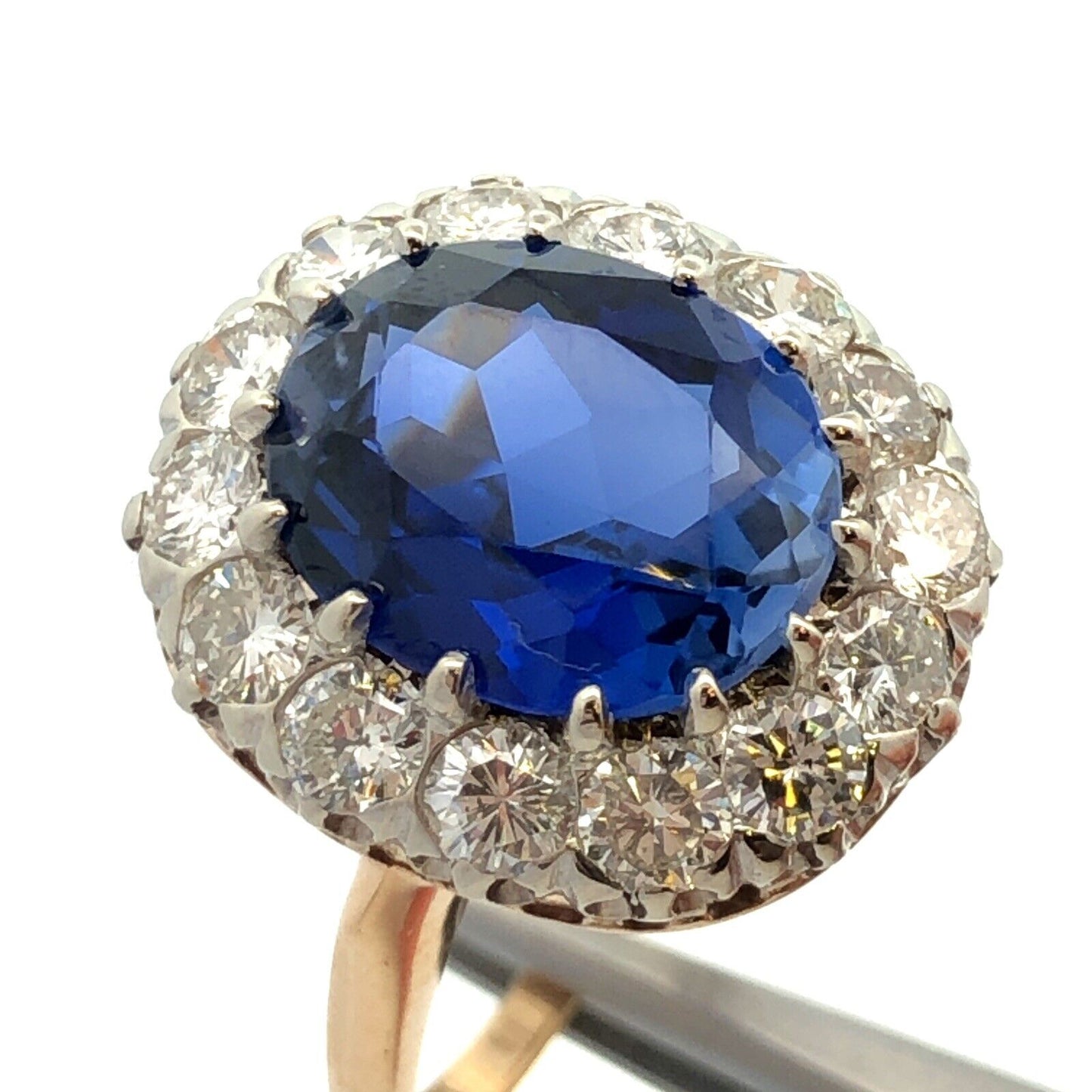 Estate 14K Yellow Gold Lab Created Blue Sapphire Diamond Halo Statement Ring