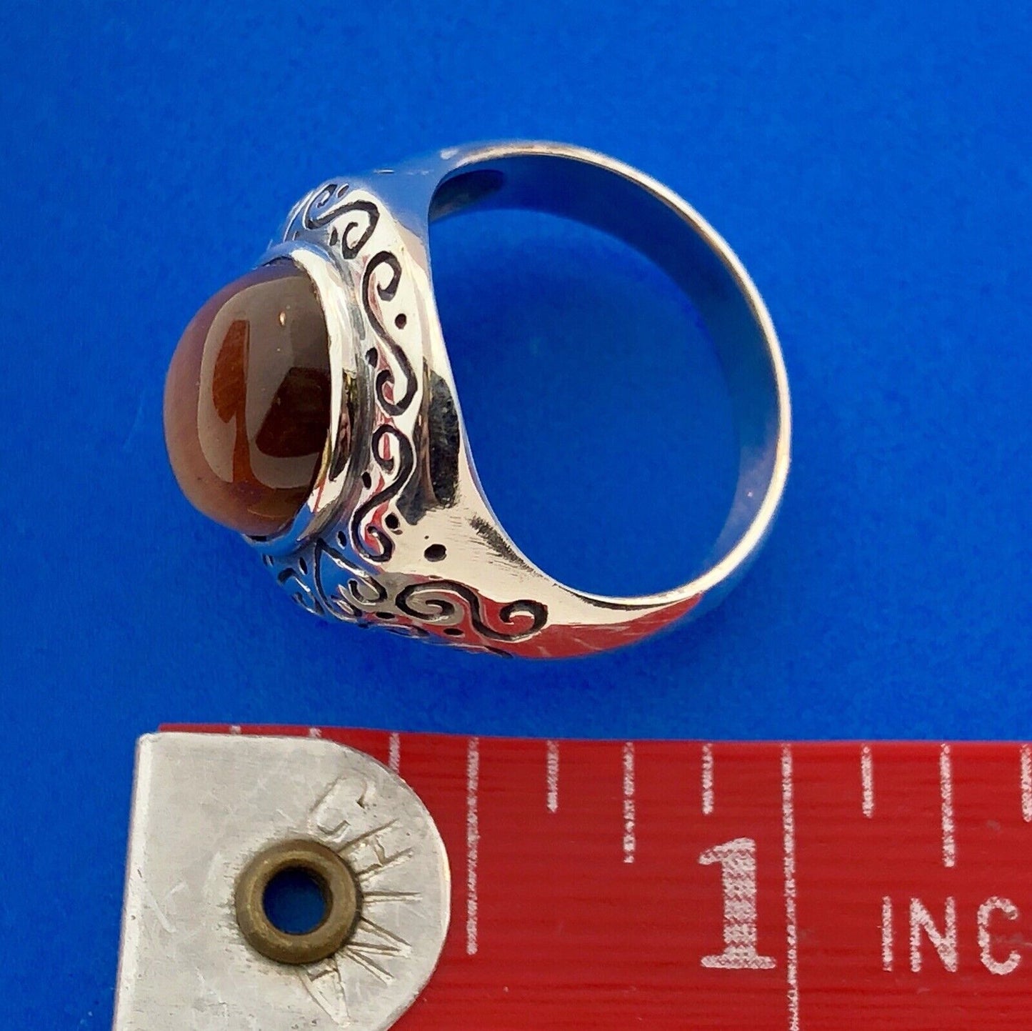 Designer 925 Sterling Silver Tiger Eye Cabochon Heart Scroll Concho Style Ring