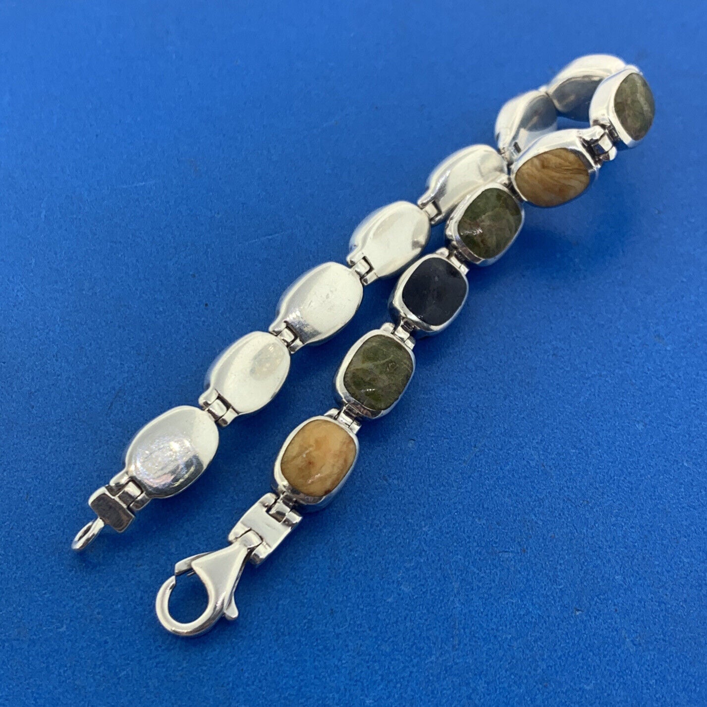 Native American Artisan Sterling Silver 925 Multi Stone Oval Cabochon Bracelet