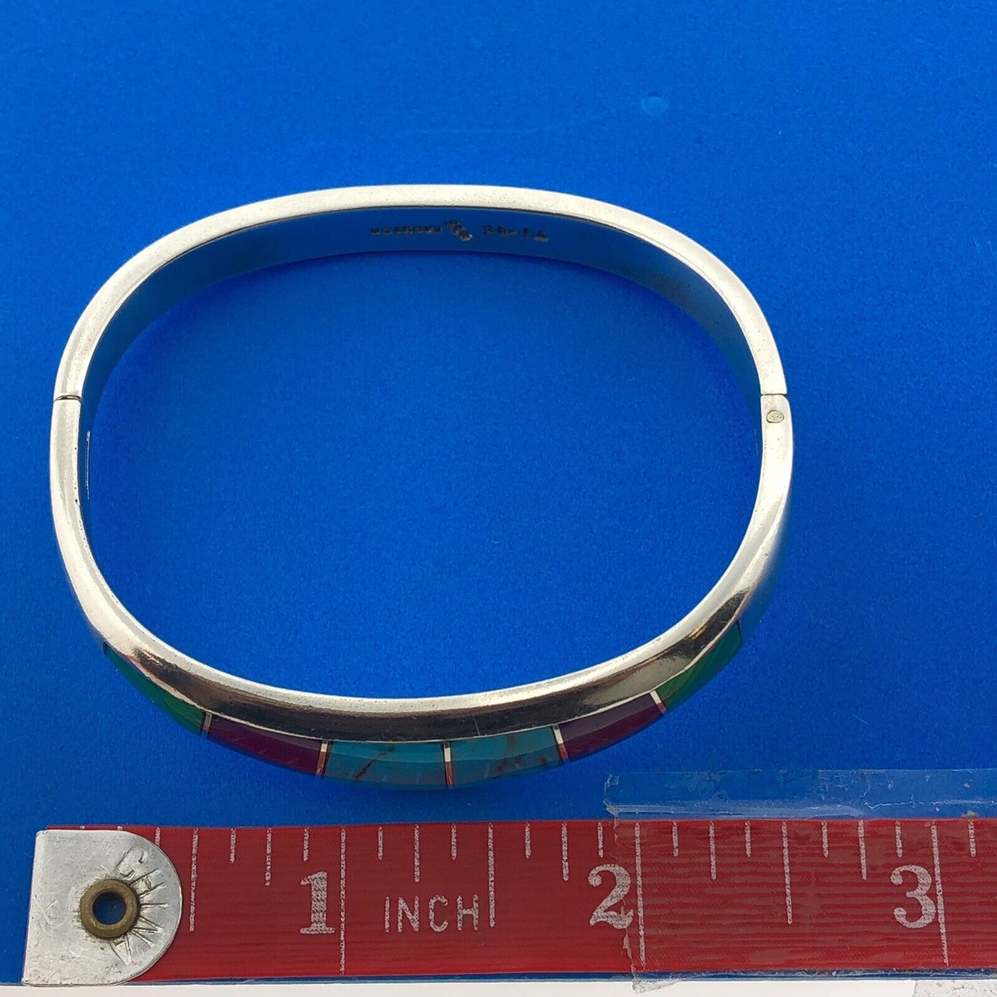 Vintage Taxco Signed 925 Sterling Silver Multi Gem Inlay Hinged Cuff Bracelet