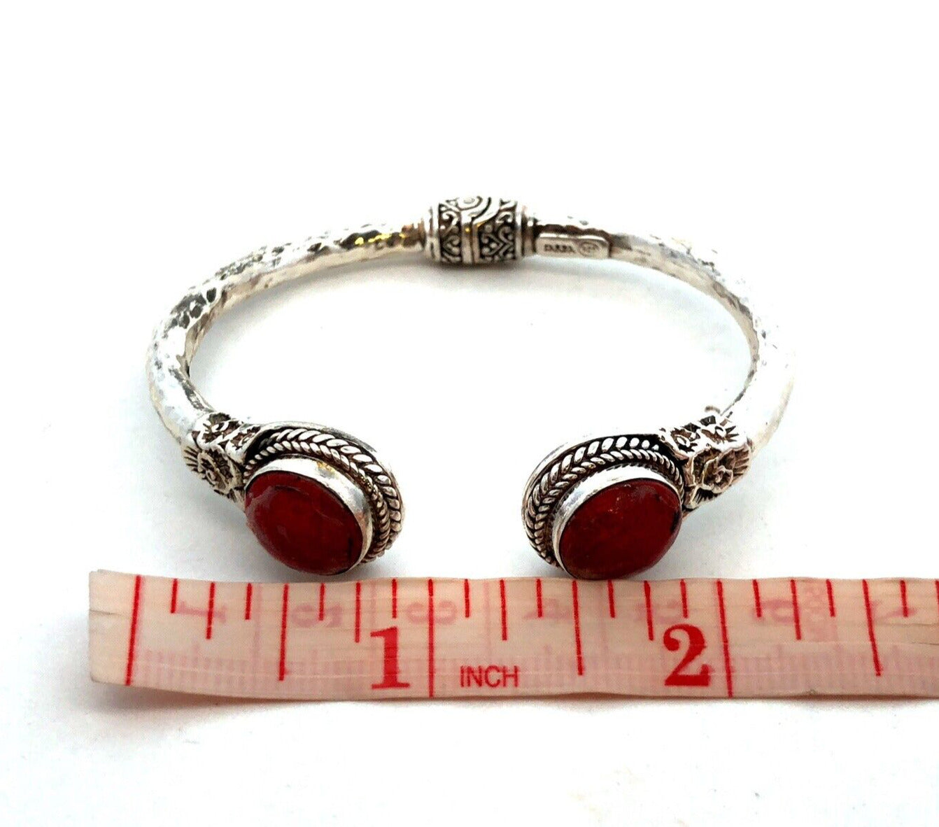 SARDA Sterling Silver Red Coral Radiant Roses Tip to Tip Hinged Cuff Bracelet