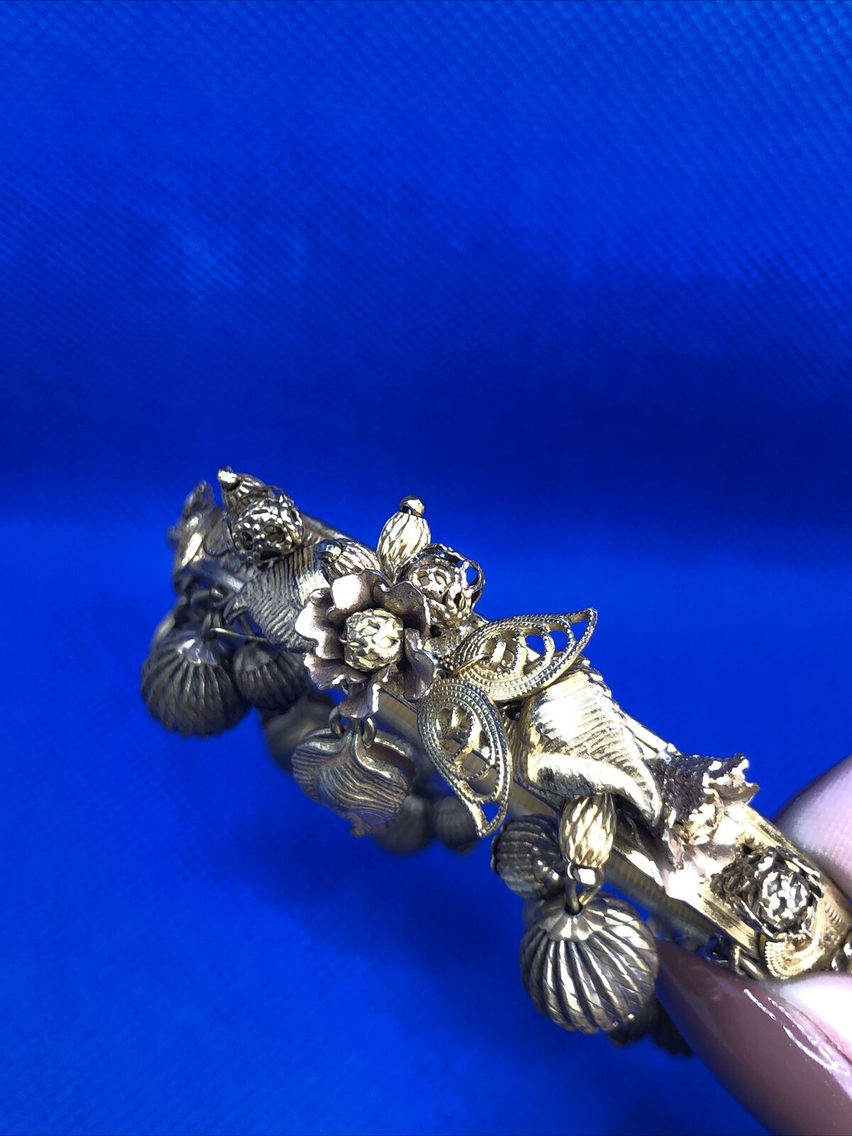Art Nouveau Gold Tone Floral Theme Dangle Charm Hinged Cuff Bracelet