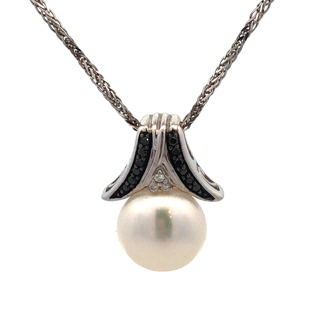 Elegant 14K White Gold Pearl Diamond Black Diamond Bridal Pendant Necklace