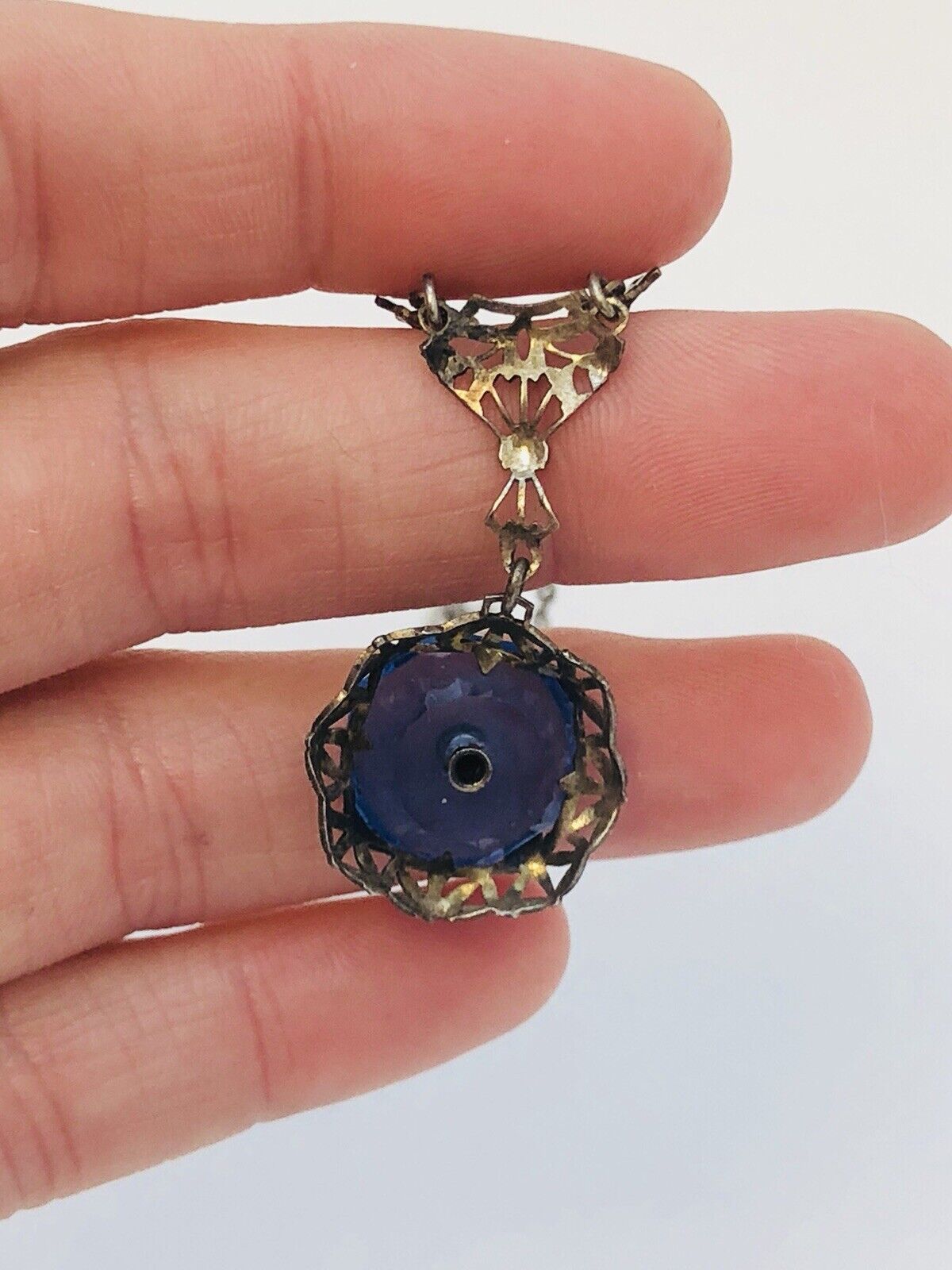 Art Nouveau Art Deco Sterling Silver Cobalt Glass Rhinestone Filigree Necklace