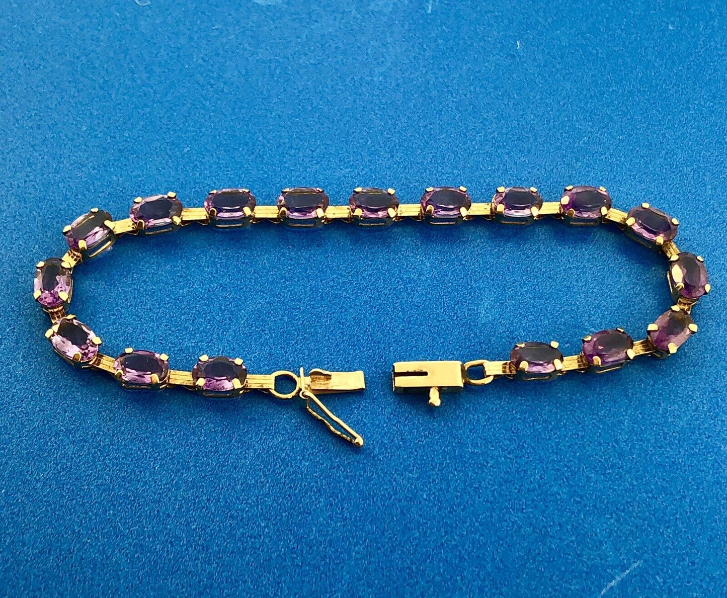Vintage 10K Oval Amethyst Panel Bar Link February Anniversary Tennis Bracelet