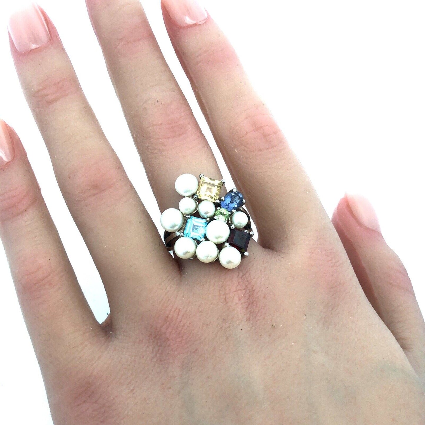 Designer Ross Simons 925 Sterling Silver Multi Gemstone Pearl Cluster Ring