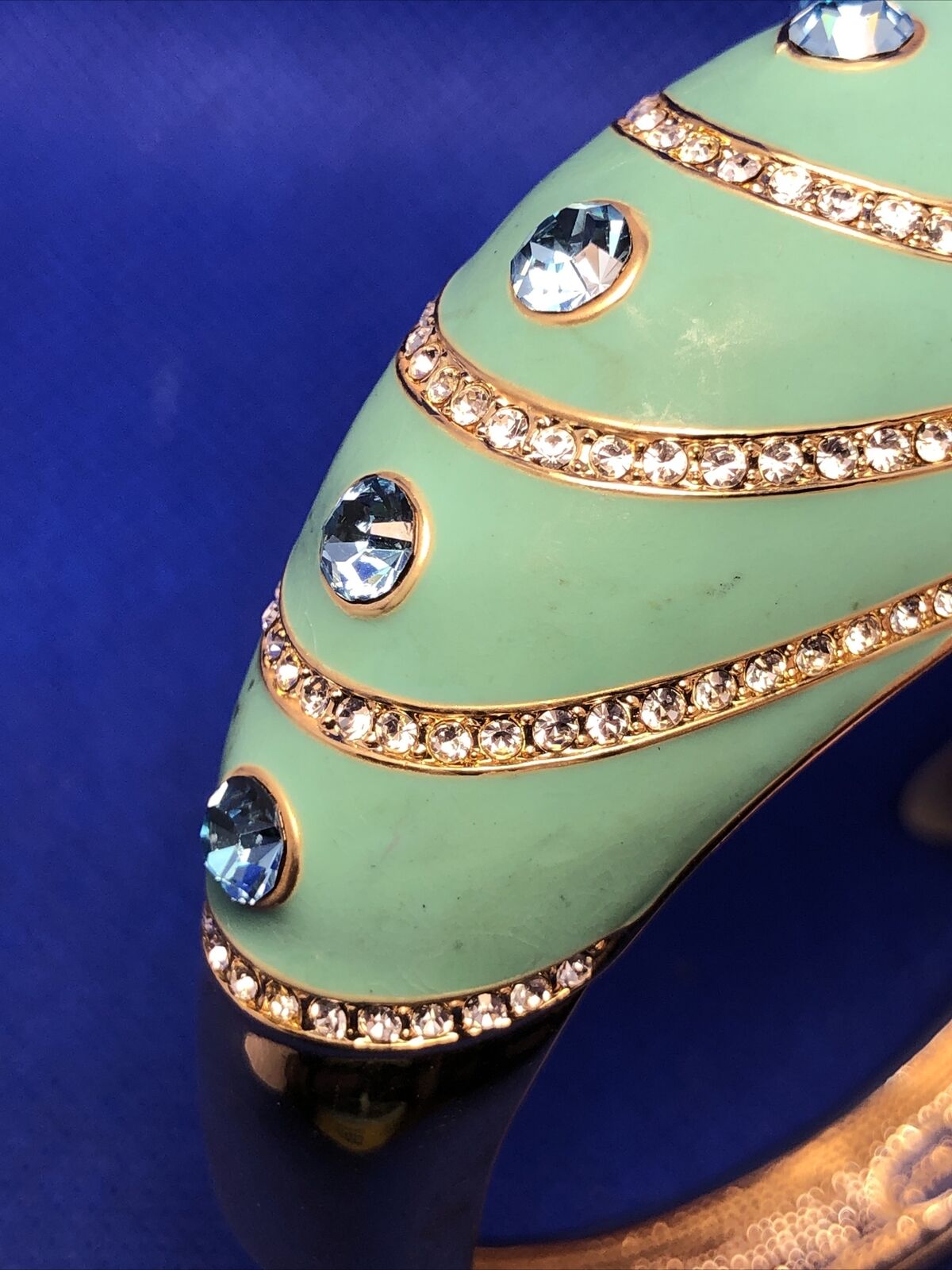Designer Gold-Tone Teal Enamel Rhinestone Statement Hinged Cuff Bracelet