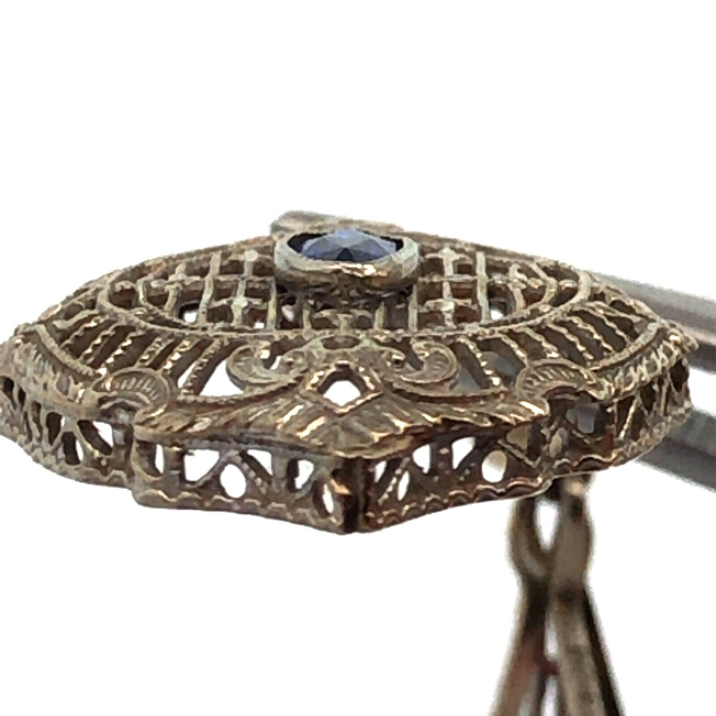 Vintage 14K White Gold Oval Blue Sapphire Seed Pearl Filigree Statement Pendant