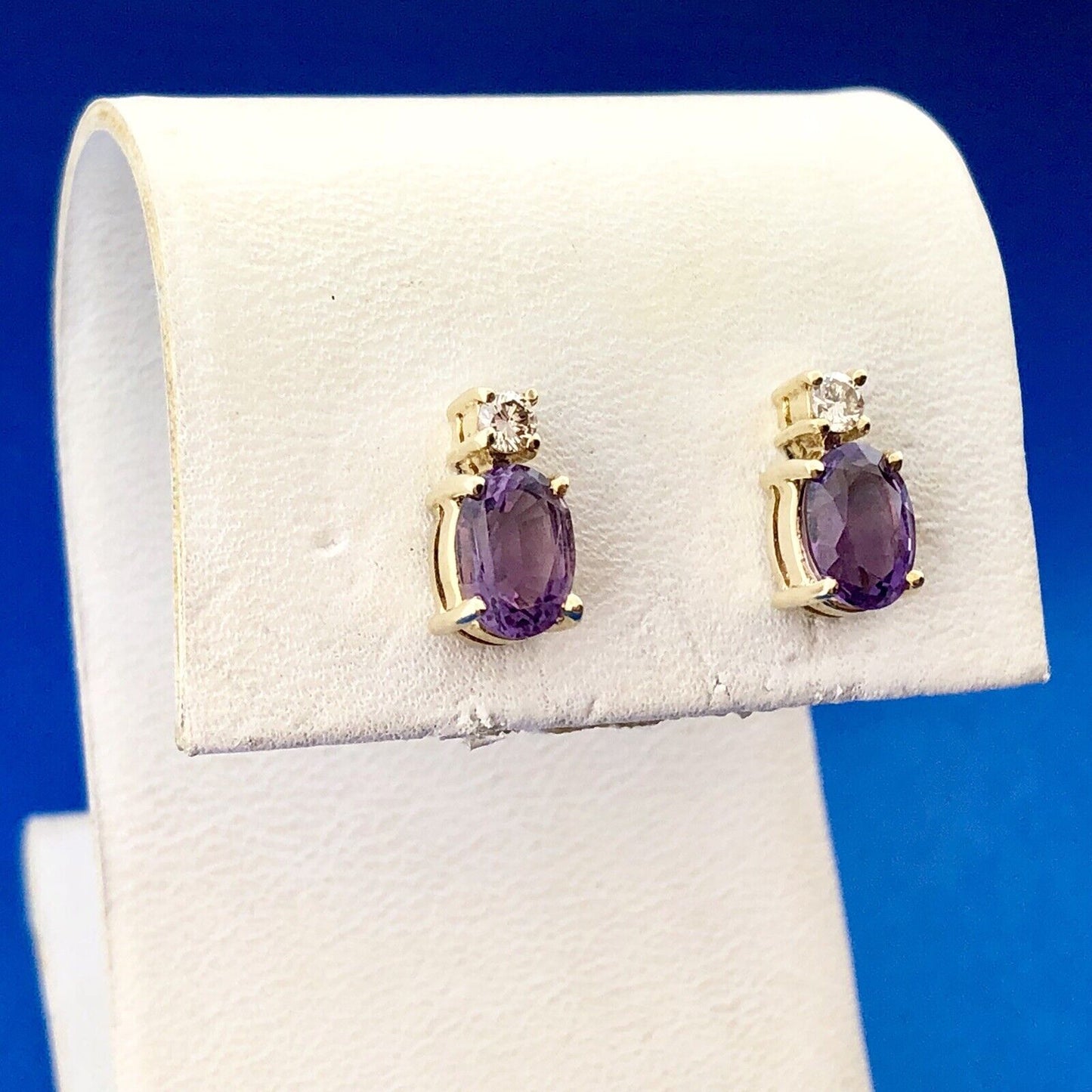 Classic 14K Yellow Gold Oval Amethyst Diamond Stud Earrings