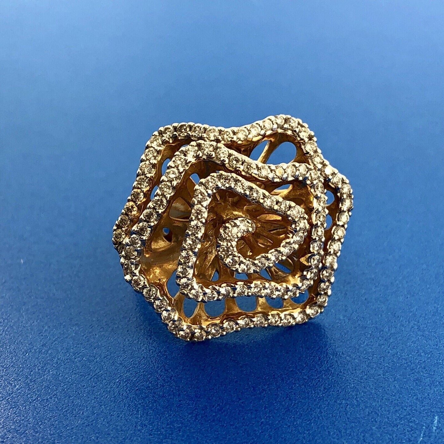 Estate 14K Yellow Gold Diamond Modernist Flower Swirl Statement Cocktail Ring