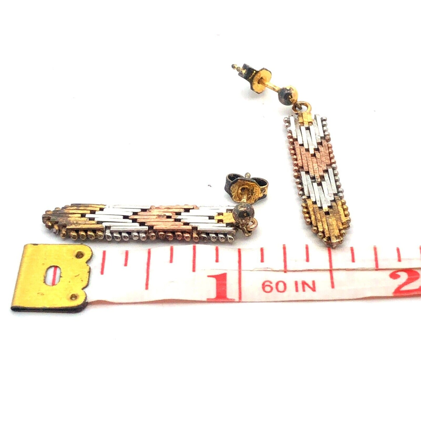 Vintage 925 Sterling Silver Rose Yellow Gold Vermeil Chevron Dangle Earrings