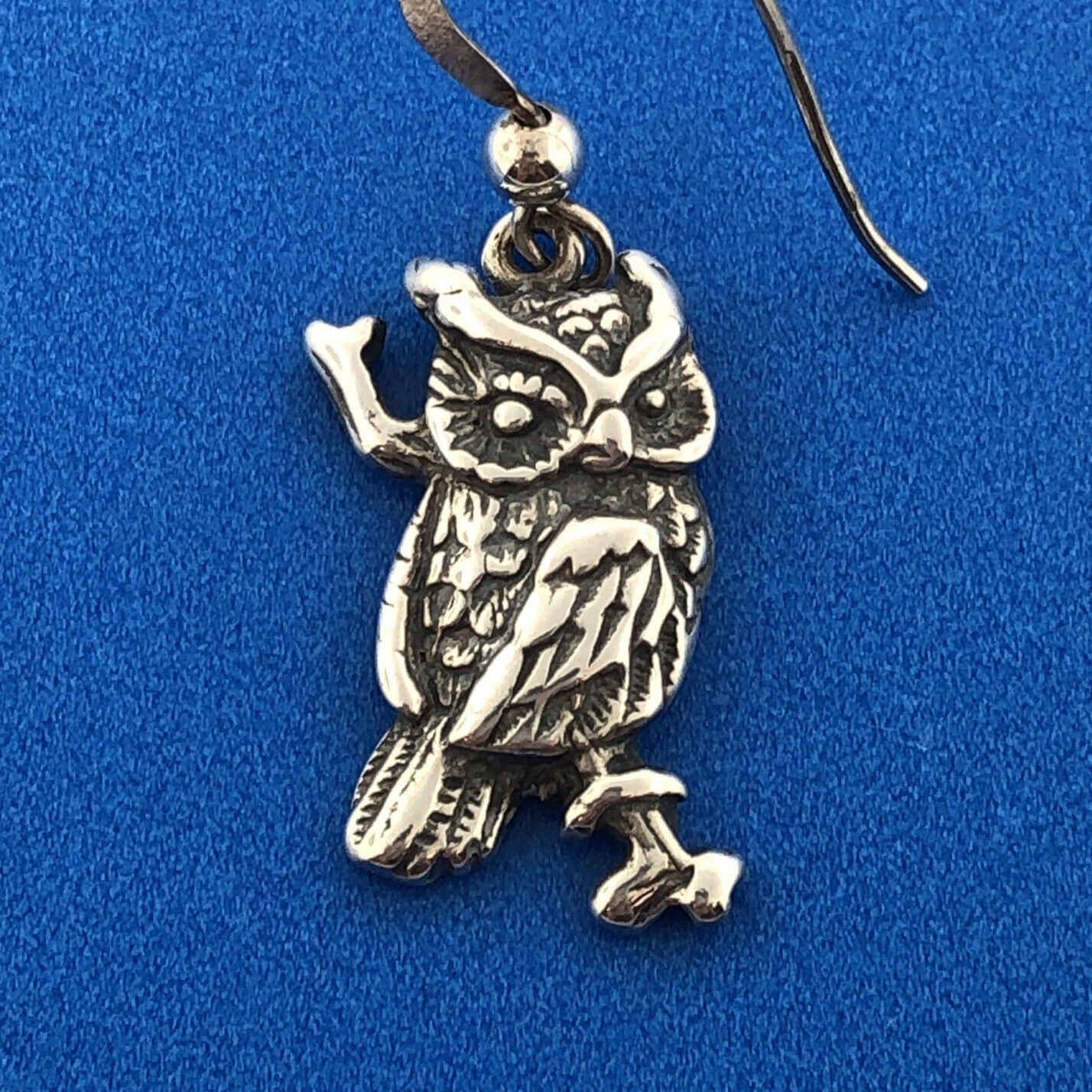 Stunning Sterling Silver 925 Detailed Night Owl Bird Dangle Hook Earring