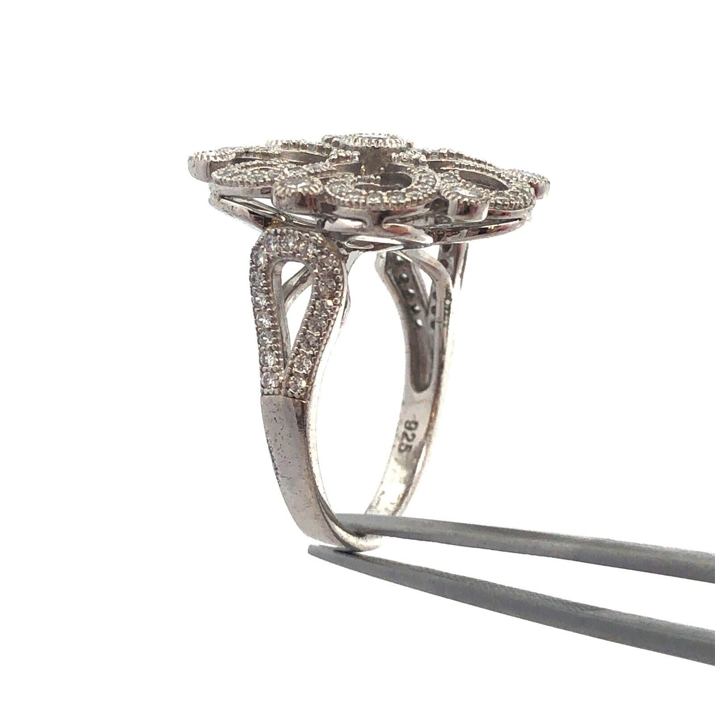 925 Sterling Silver Round Cubic Zirconia CZ Flower Swirl Cocktail Ring