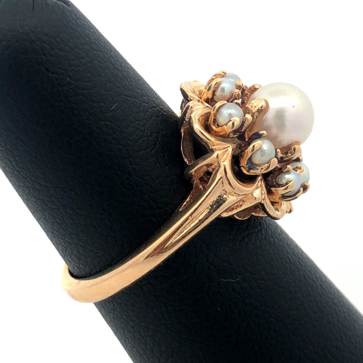 Vintage 14K Yellow Gold Pearl Solitaire With Pearl Halo Anniversary Ring
