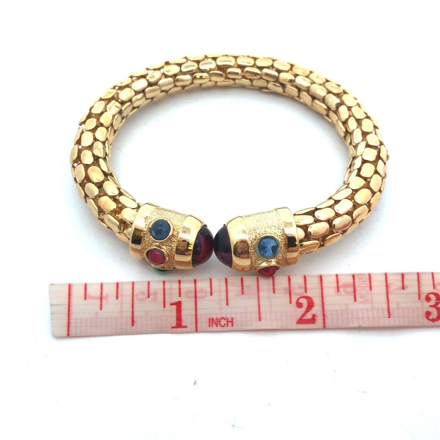 Vintage Runway Gold Tone Red Blue Green Glass Snake Skin Open Cuff Bracelet