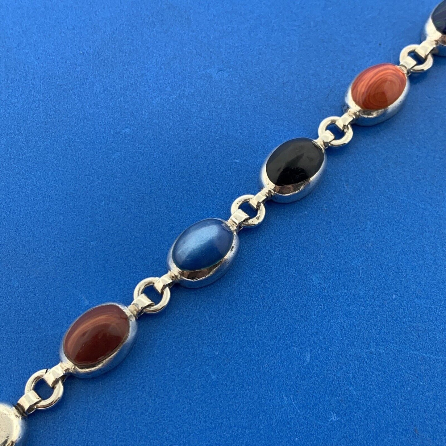 Vintage Mexico Sterling Silver Mixed Gemstone Oval Cabochon Statement Bracelet
