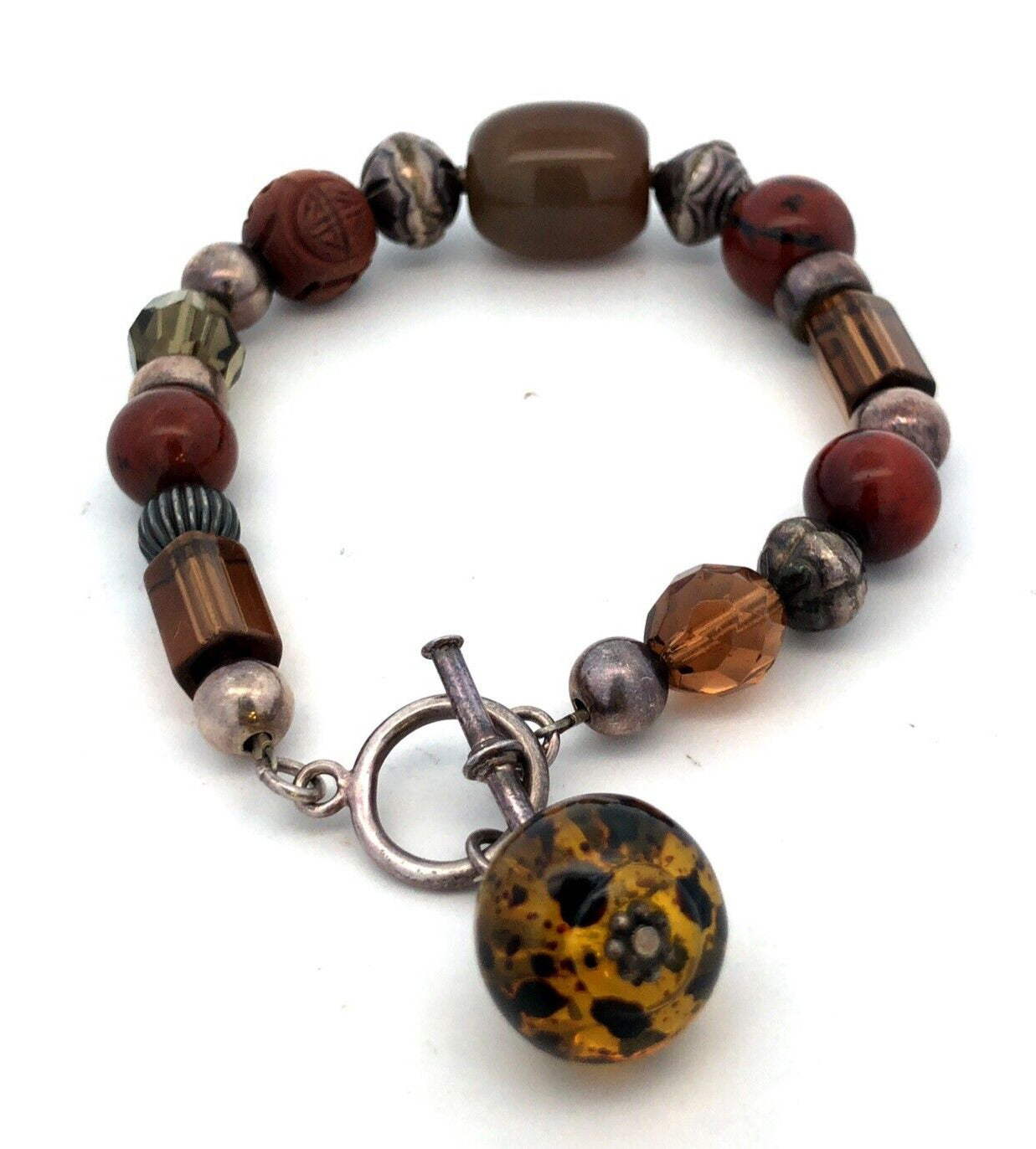 Estate 925 Sterling Silver Tigers Eye Agate Jasper Beaded Statement Bracelet