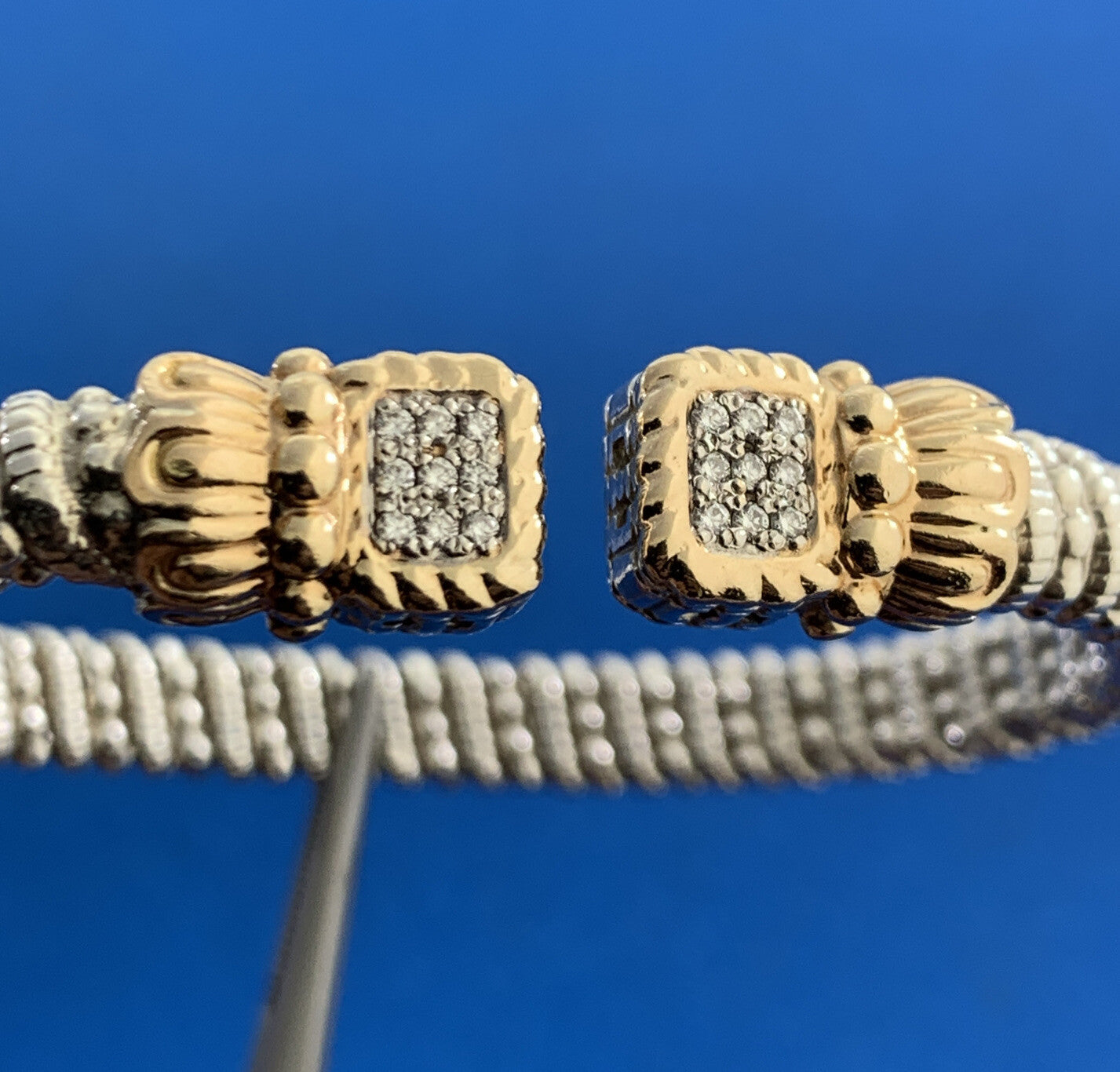 Alwand Vahan Sterling Silver 14K Gold Diamond Moire Beaded Open Cuff Bracelet