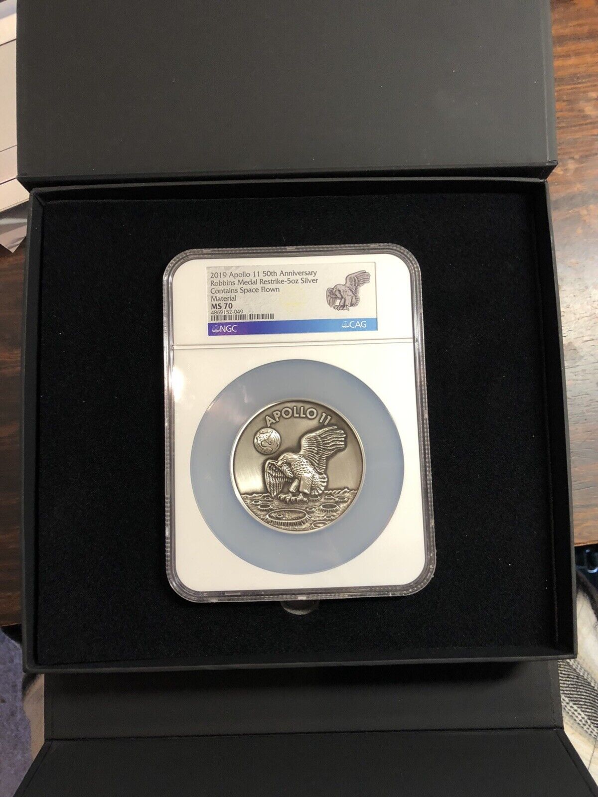 2019 Apollo 11 50th Anniversary Robbins Restrike 5oz 999 Silver NGC MS70 Medal