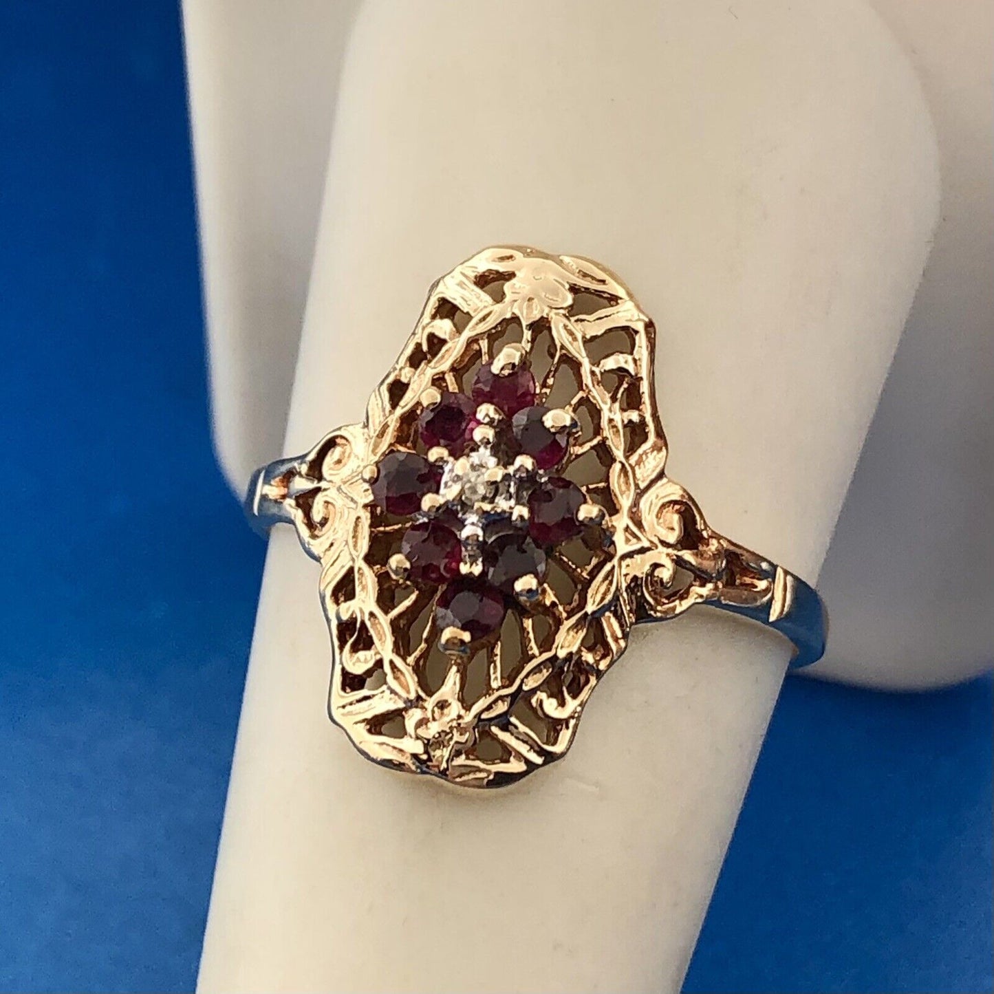 Designer JGL 10K Yellow Gold Ruby Diamond Filigree July Anniversary Ring