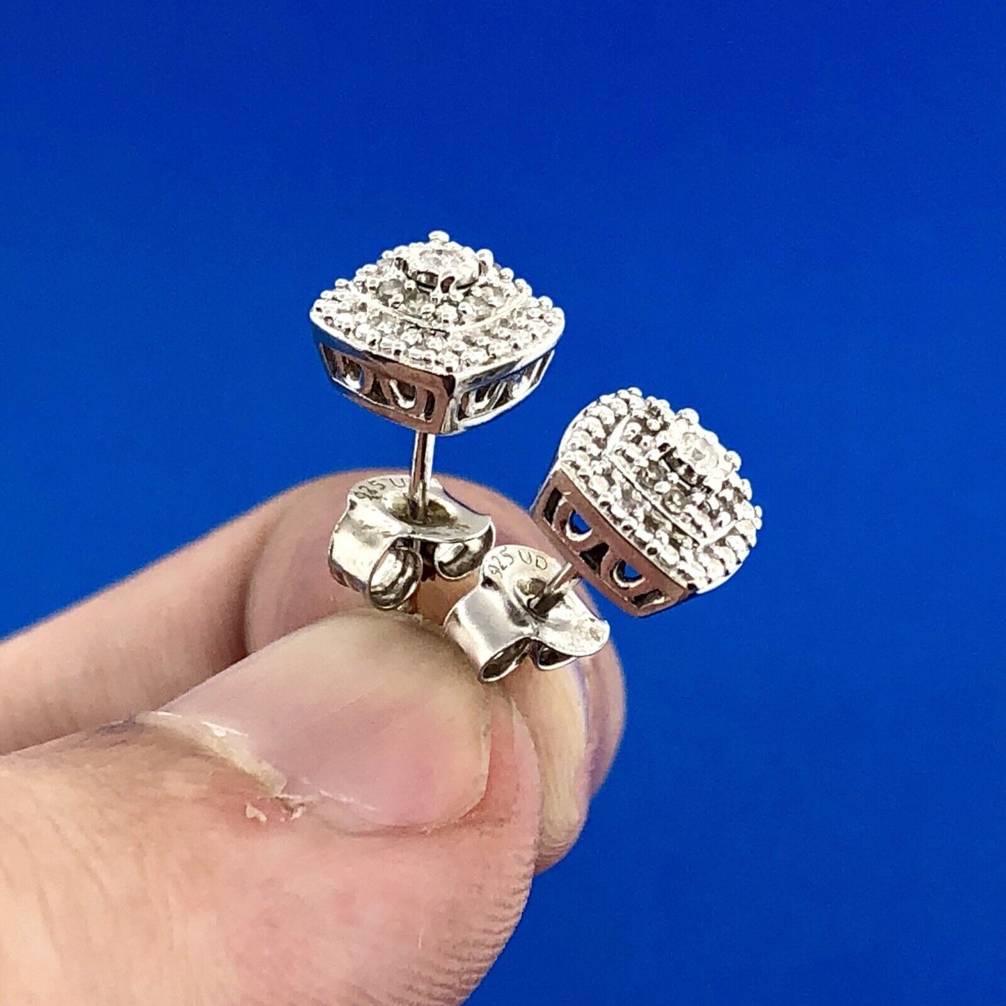 Elegant Sterling Silver 925 Diamond Three Tier Square Cluster Stud Earrings