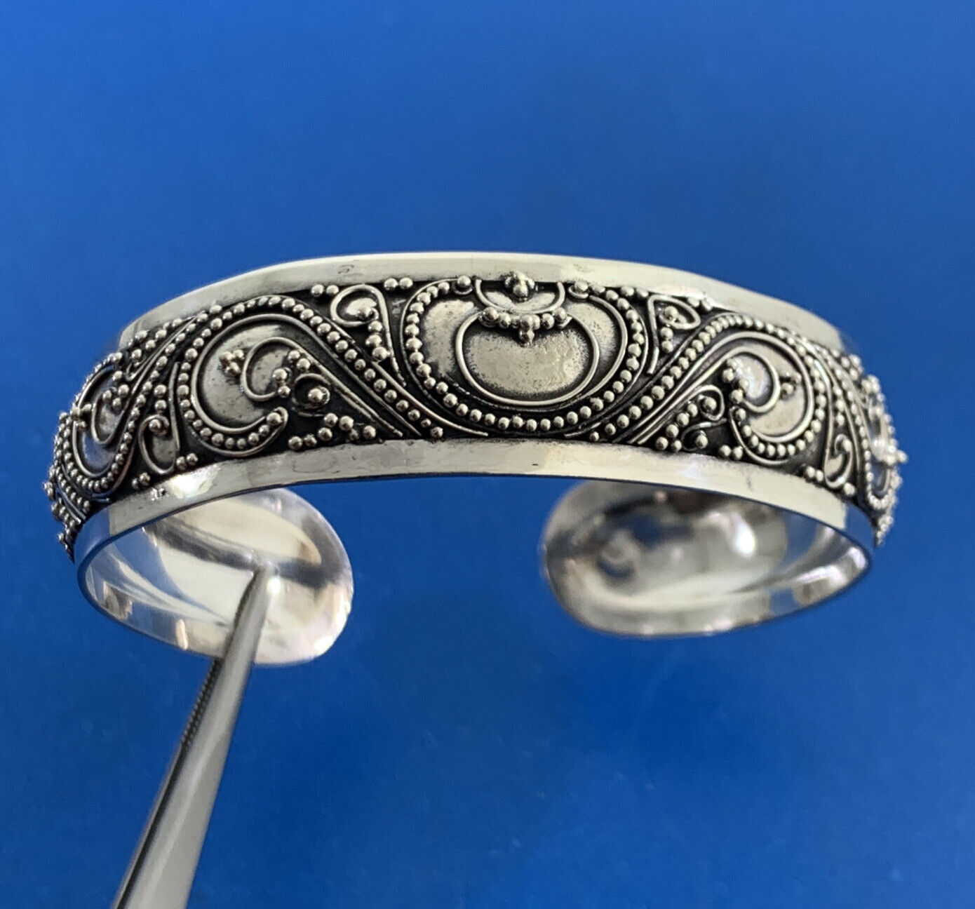 Designer 925 Sterling Silver Beaded Filigree Detail Open Cuff Bracelet